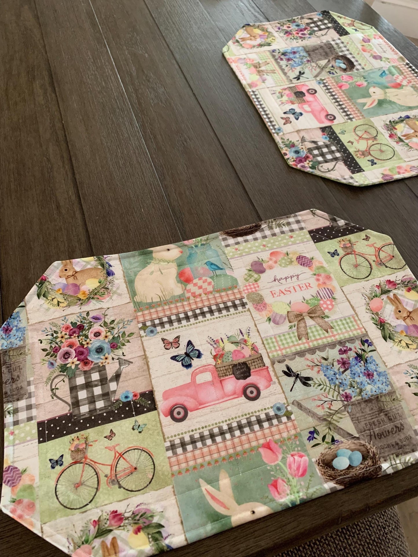 Easter Patchwork Placemat Set, Qulted Place Mats, Octagon Shape, Pink, Green, Bunnies, Trucks