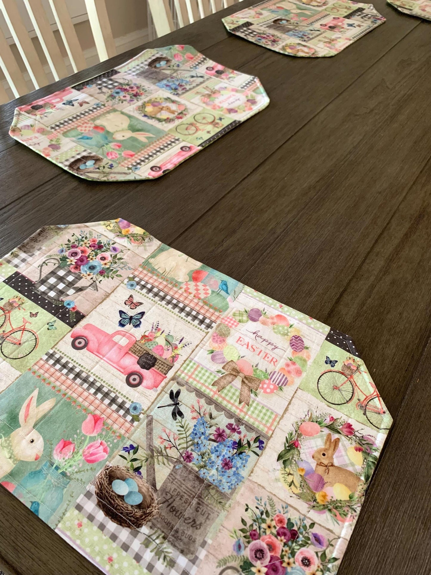 Easter Patchwork Placemat Set, Qulted Place Mats, Octagon Shape, Pink, Green, Bunnies, Trucks