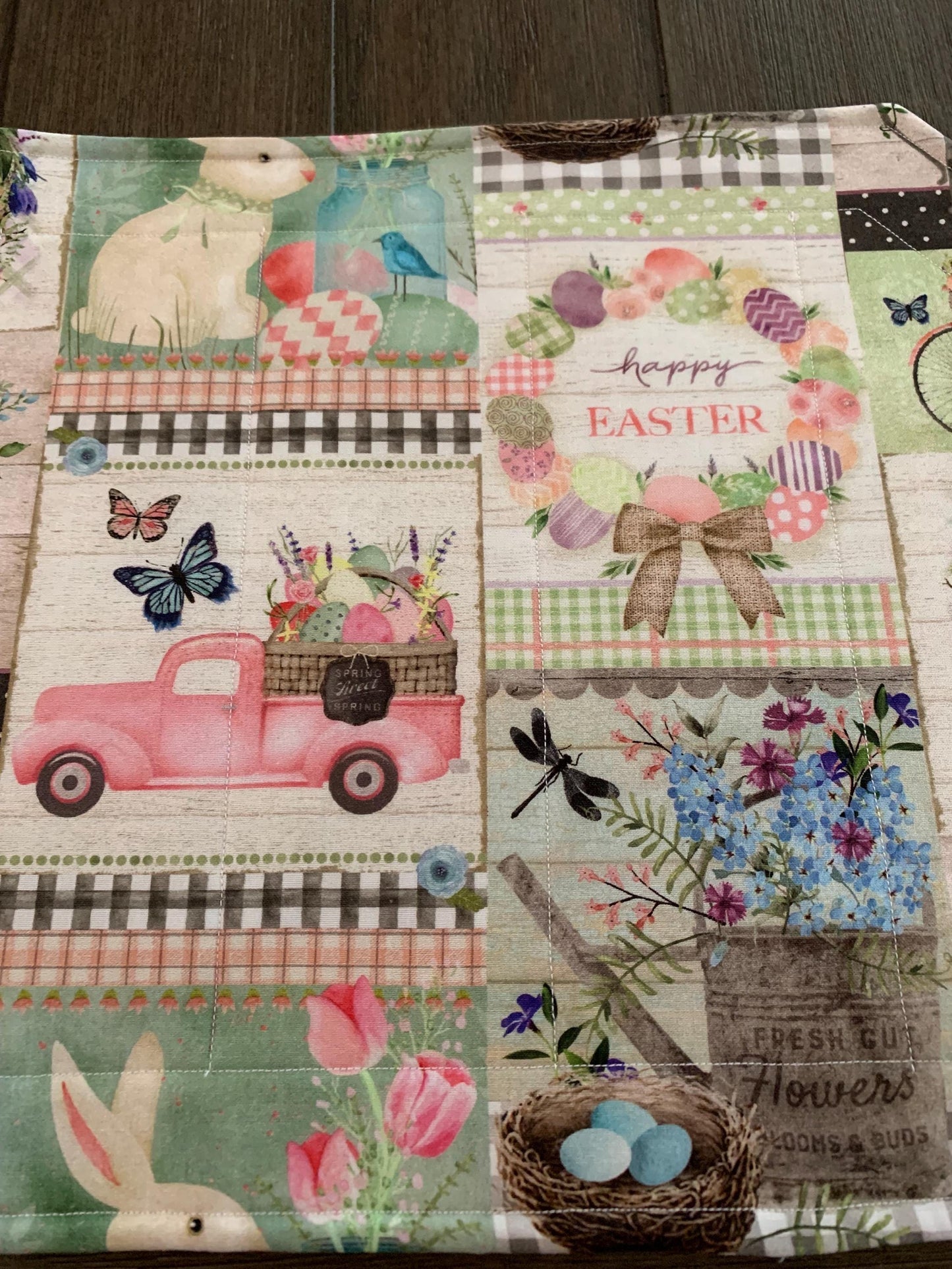 Easter Patchwork Placemat Set, Qulted Place Mats, Octagon Shape, Pink, Green, Bunnies, Trucks