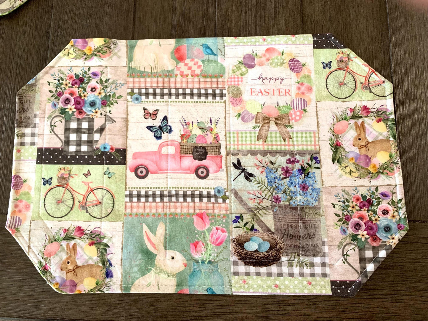Easter Patchwork Placemat Set, Qulted Place Mats, Octagon Shape, Pink, Green, Bunnies, Trucks