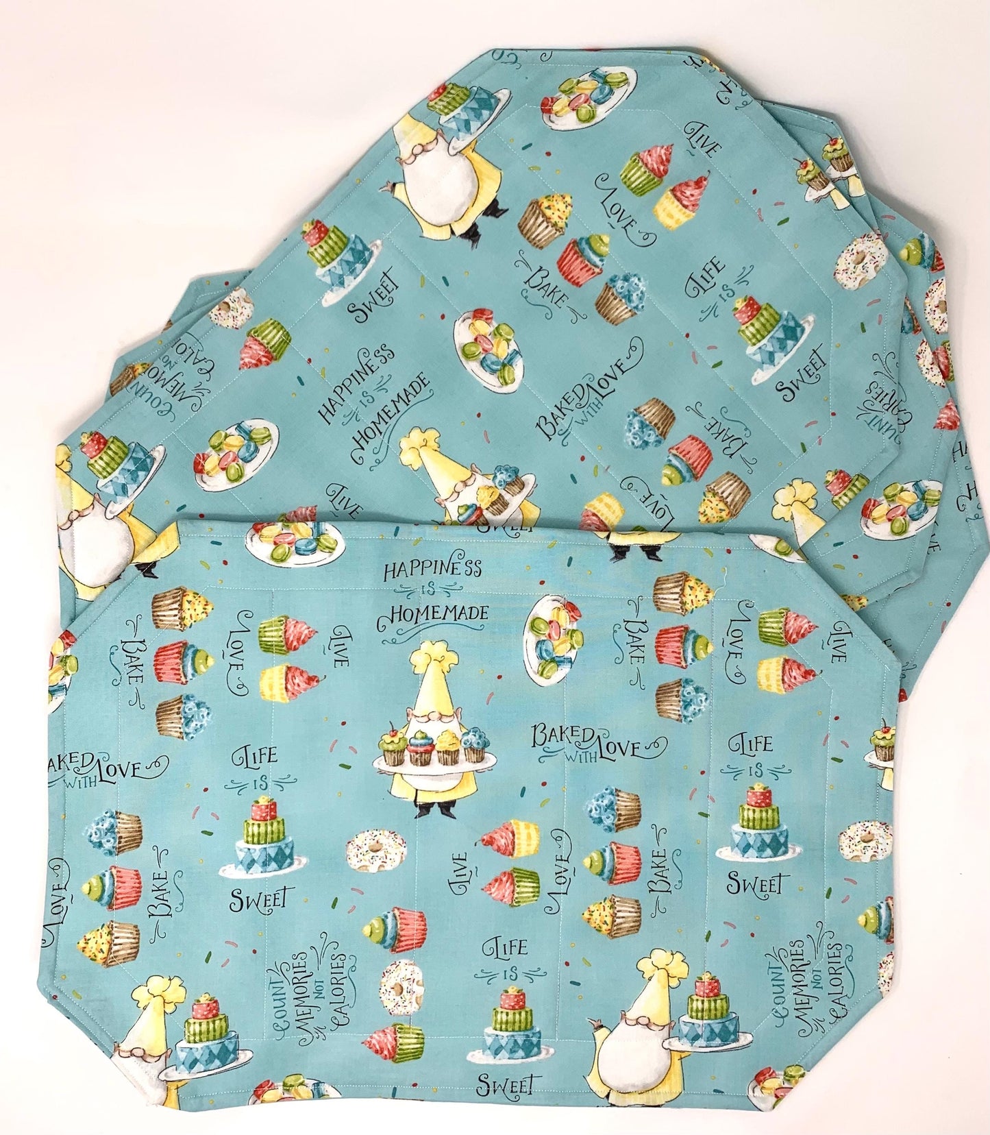 Gnomes Placemat Sets, Qulted Place Mats, Octagon Shape, Baking Gnomes, Blue