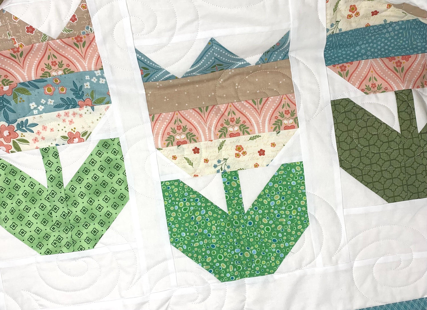 Shabby Chic Floral Tulip Quilt, Lap Couch Throw Quilt, Blue, Green, White, Handmade