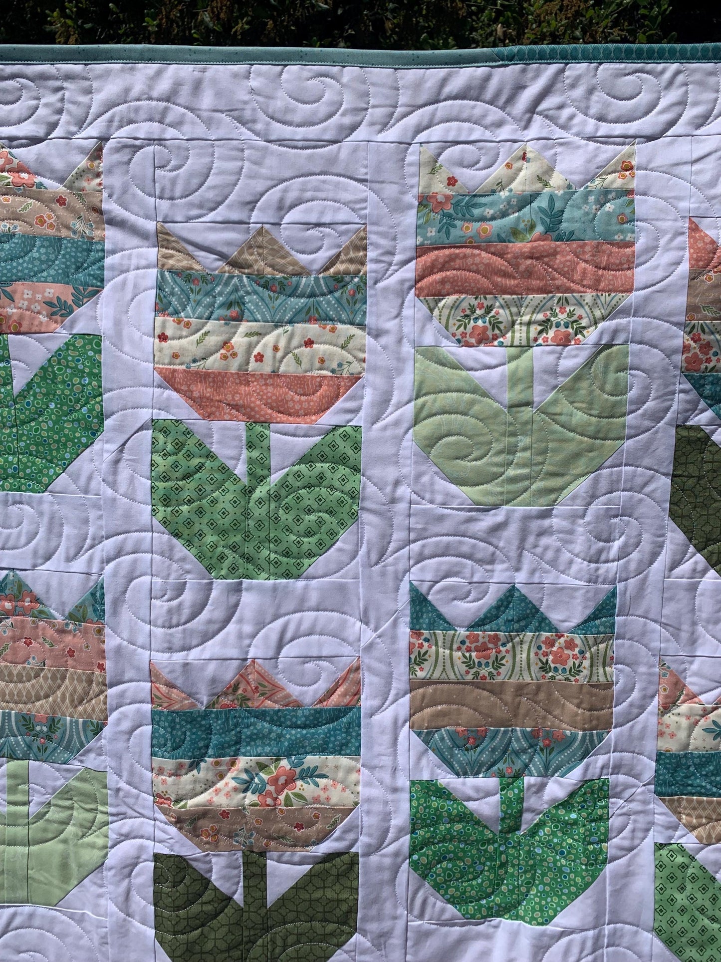 Shabby Chic Floral Tulip Quilt, Lap Couch Throw Quilt, Blue, Green, White, Handmade