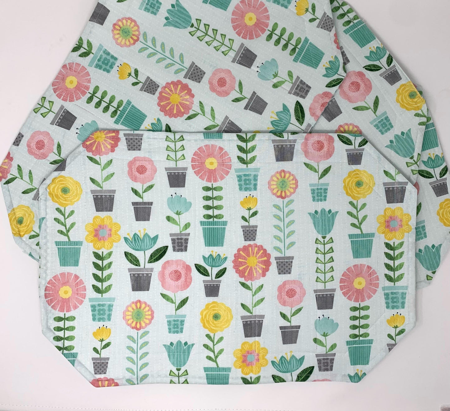 Plants Placemat Set, Qulted Place Mats, Octagon Shape, Potted Plants, Blue