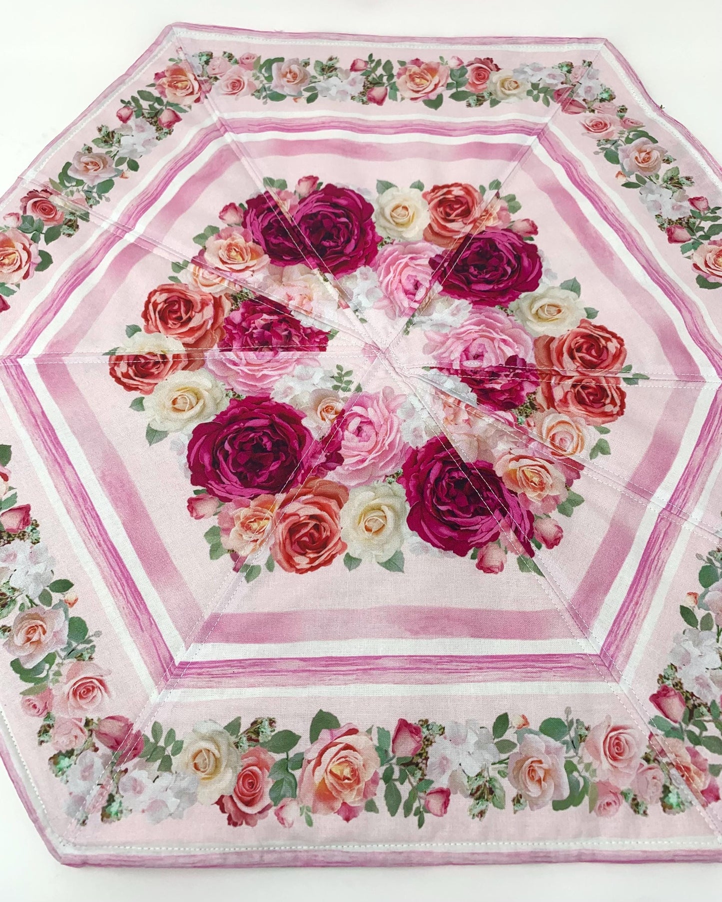 Shabby Chic Pink Rose Table Topper Quilt, Roses, Leaves, Octagon Table Top Centerpiece, Handmade