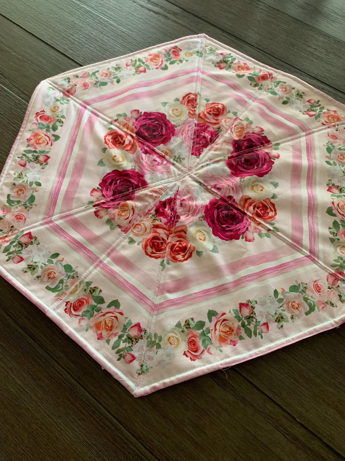 Shabby Chic Pink Rose Table Topper Quilt, Roses, Leaves, Octagon Table Top Centerpiece, Handmade