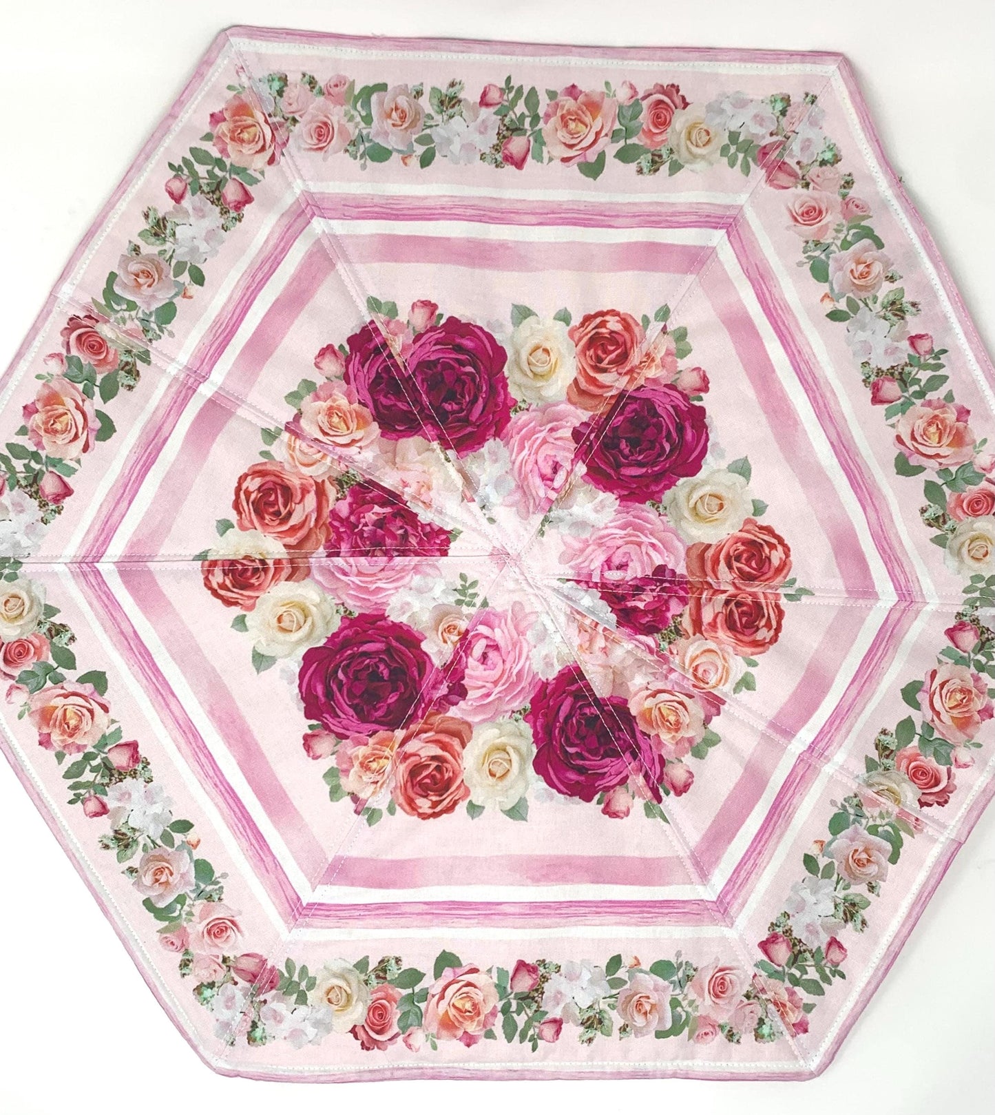 Shabby Chic Pink Rose Table Topper Quilt, Roses, Leaves, Octagon Table Top Centerpiece, Handmade