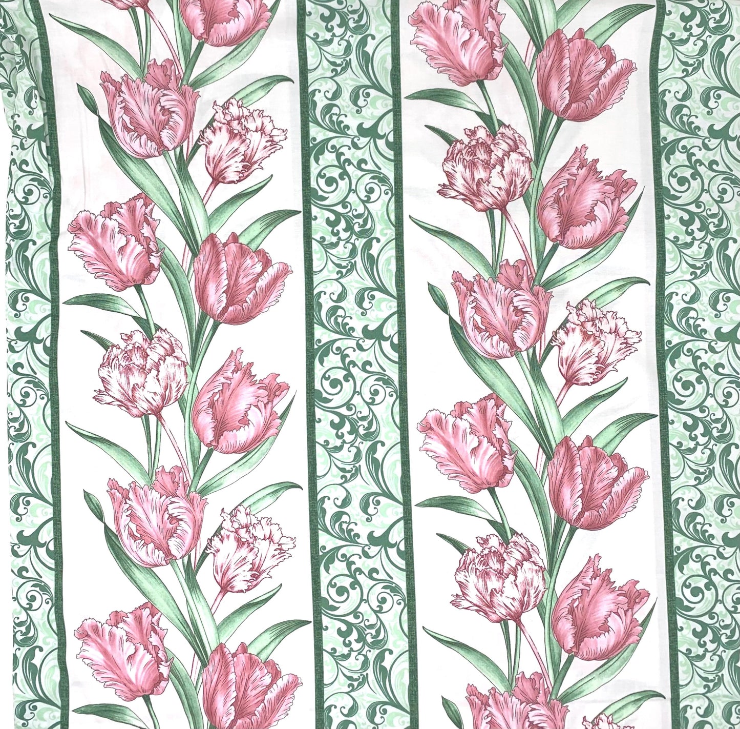Floral Tulips Border yardage, Evelyn's Etched Tulips, Etched Tulips Stripe Cream, Spring Floral yardage, Pink Tulips, Benartex