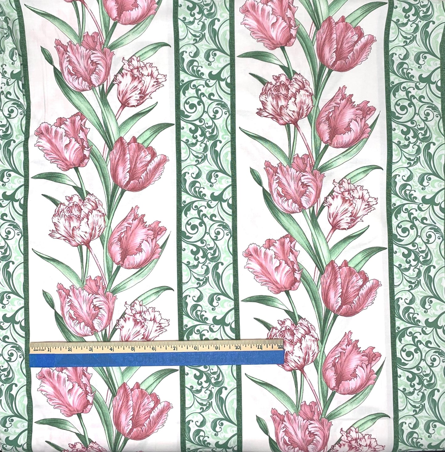 Floral Tulips Border yardage, Evelyn's Etched Tulips, Etched Tulips Stripe Cream, Spring Floral yardage, Pink Tulips, Benartex