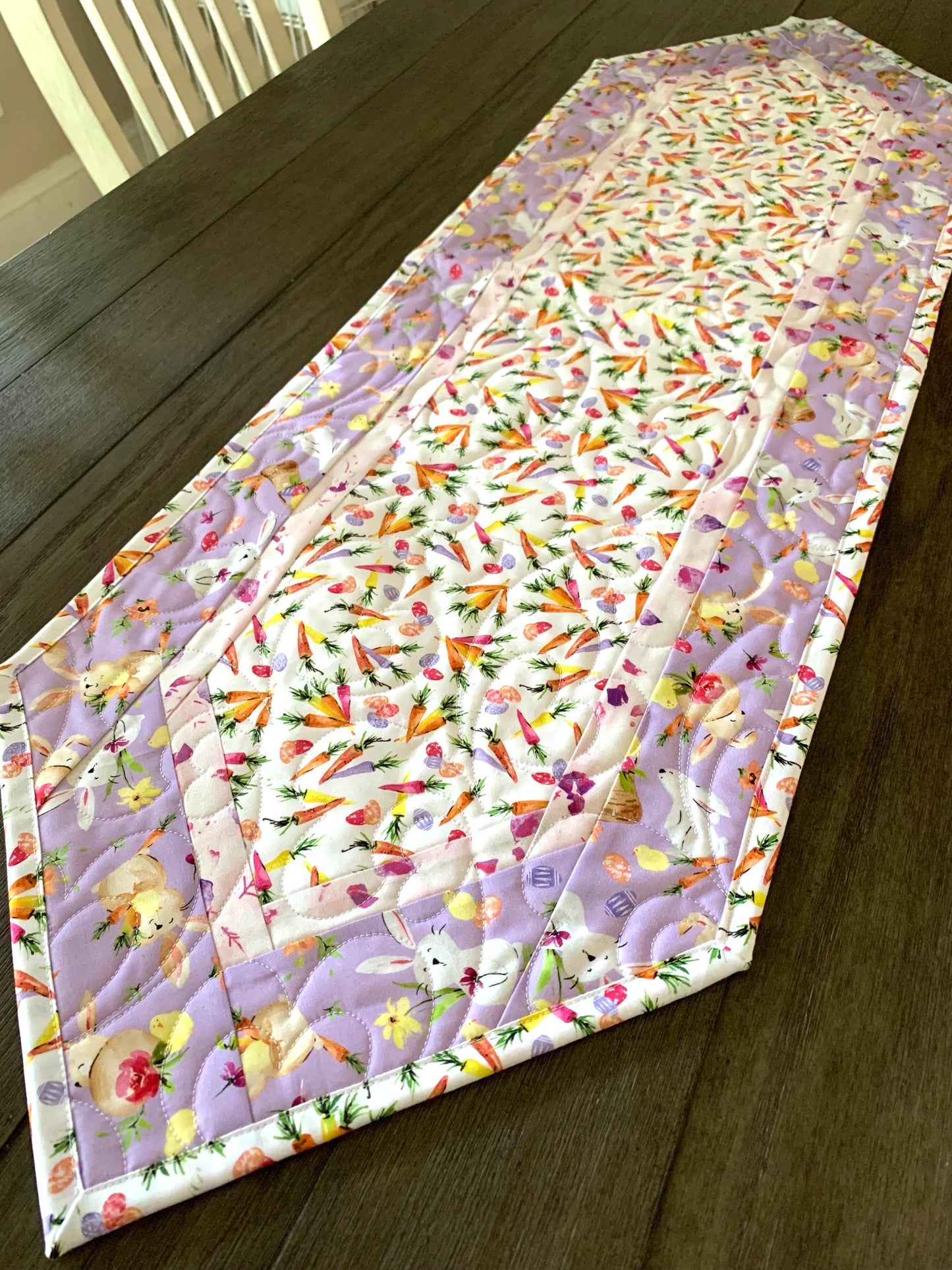 Easter Table Runner Quilt, Spring Quilt, Carrots, Bunnies, Purple, Yellow, Green, Handmade Quilt