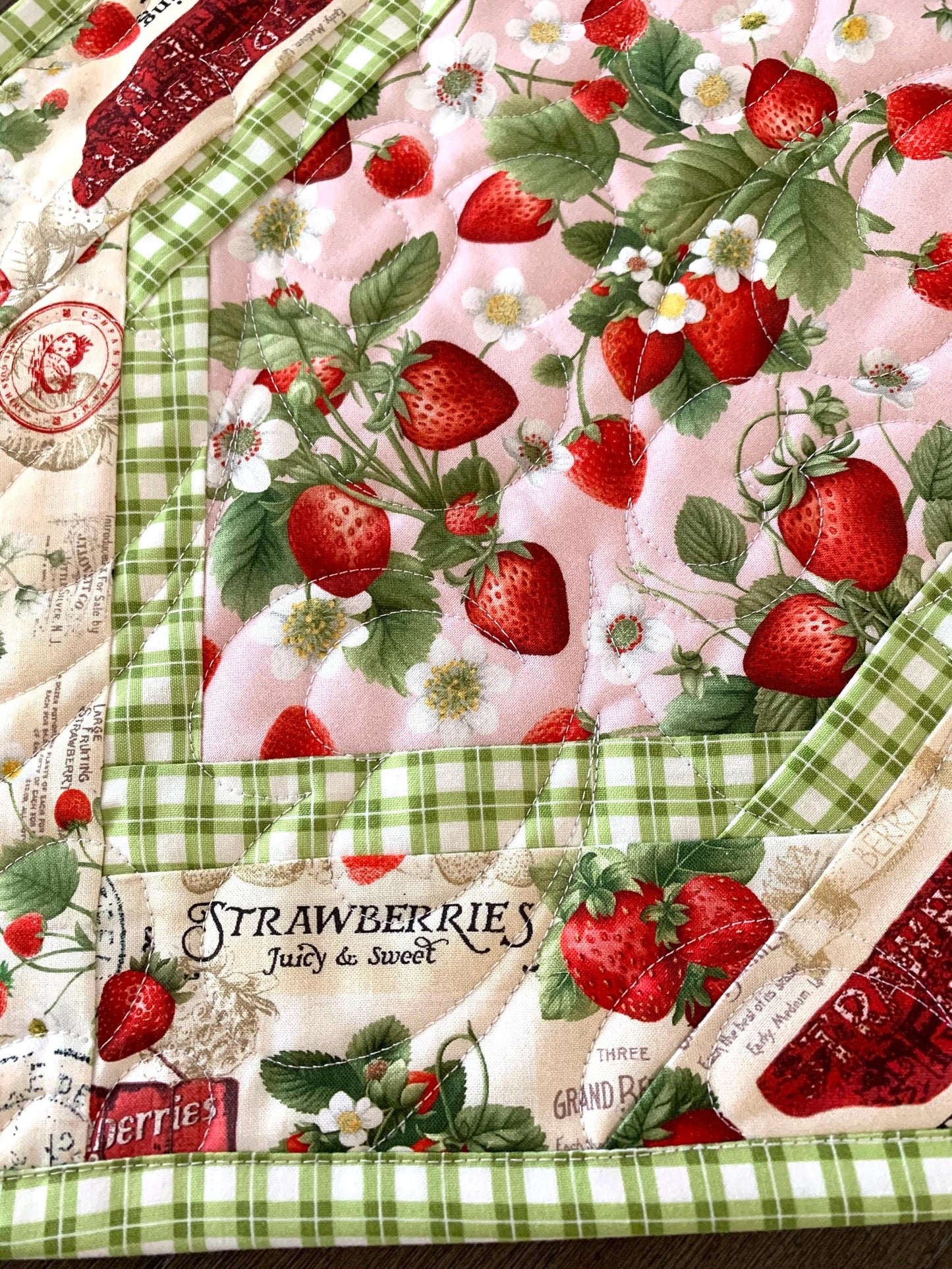 Strawberry Table Runner Quilt, Spring Quilt, Red, Green, Pink, Strawberries, Market, Handmade Quilt