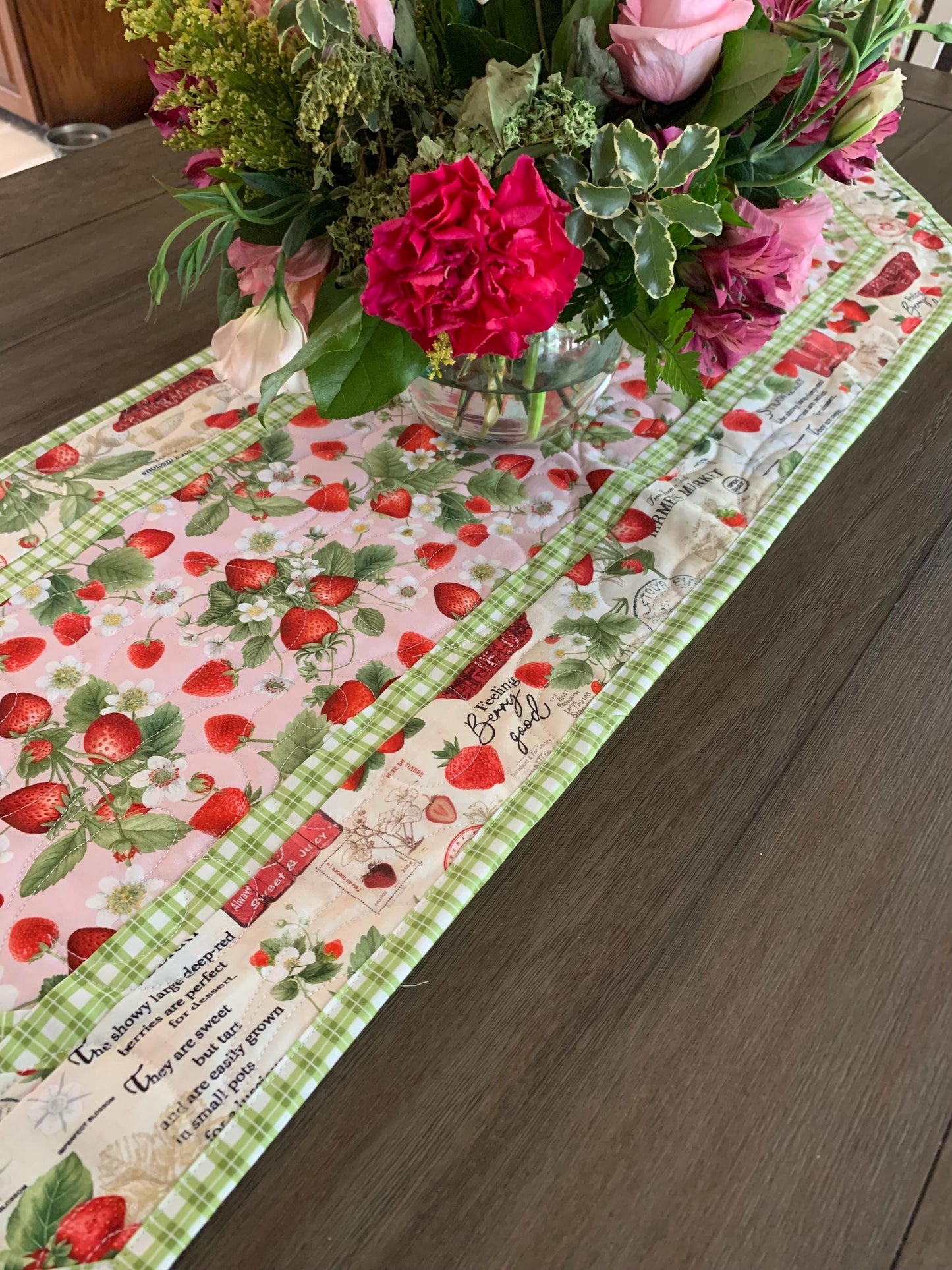 Strawberry Table Runner Quilt, Spring Quilt, Red, Green, Pink, Strawberries, Market, Handmade Quilt