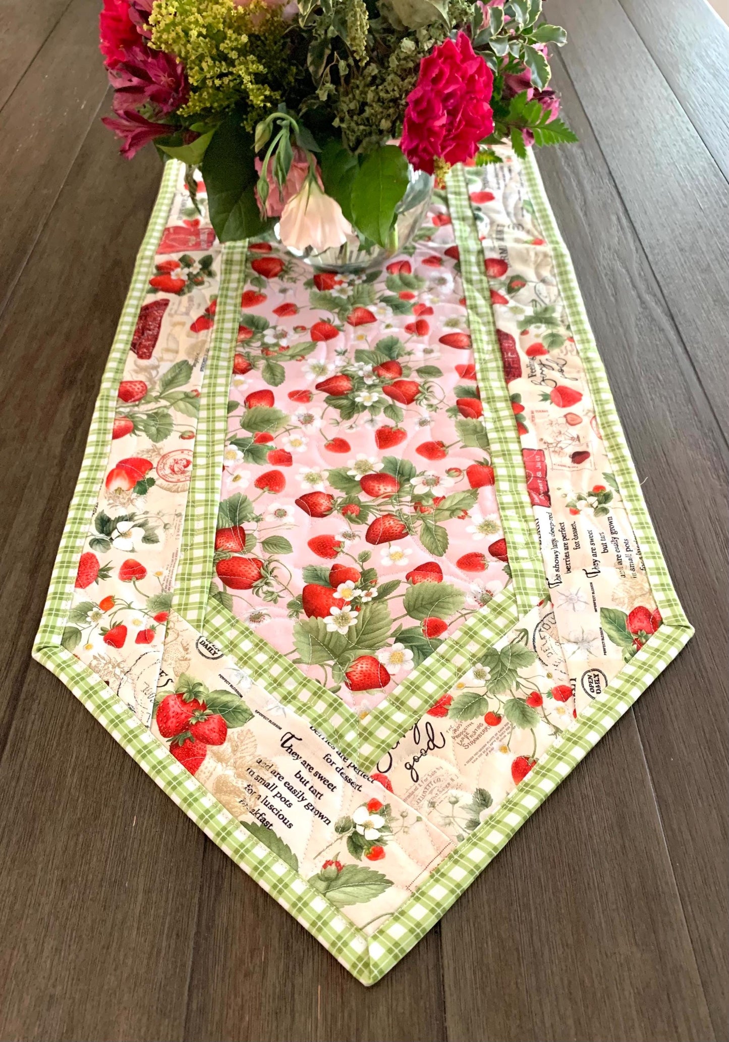 Strawberry Table Runner Quilt, Spring Quilt, Red, Green, Pink, Strawberries, Market, Handmade Quilt