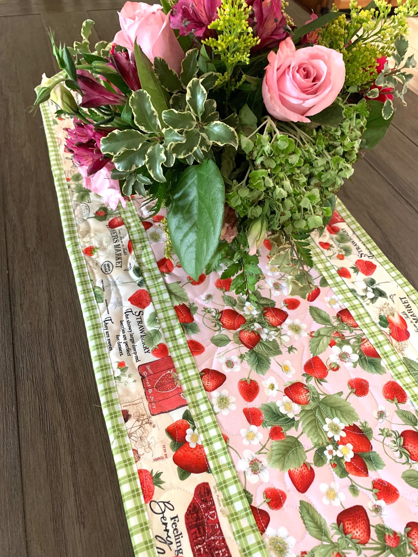 Strawberry Table Runner Quilt, Spring Quilt, Red, Green, Pink, Strawberries, Market, Handmade Quilt