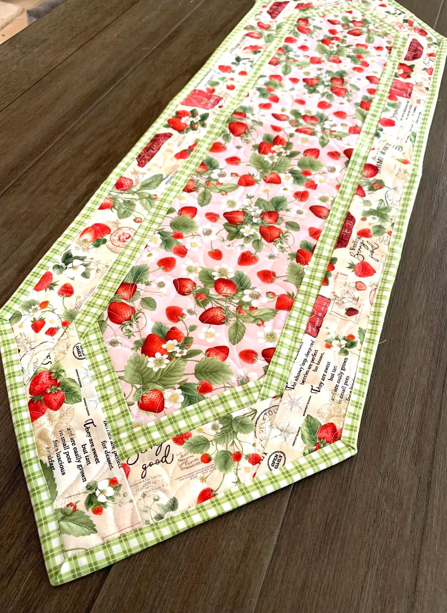 Strawberry Table Runner Quilt, Spring Quilt, Red, Green, Pink, Strawberries, Market, Handmade Quilt