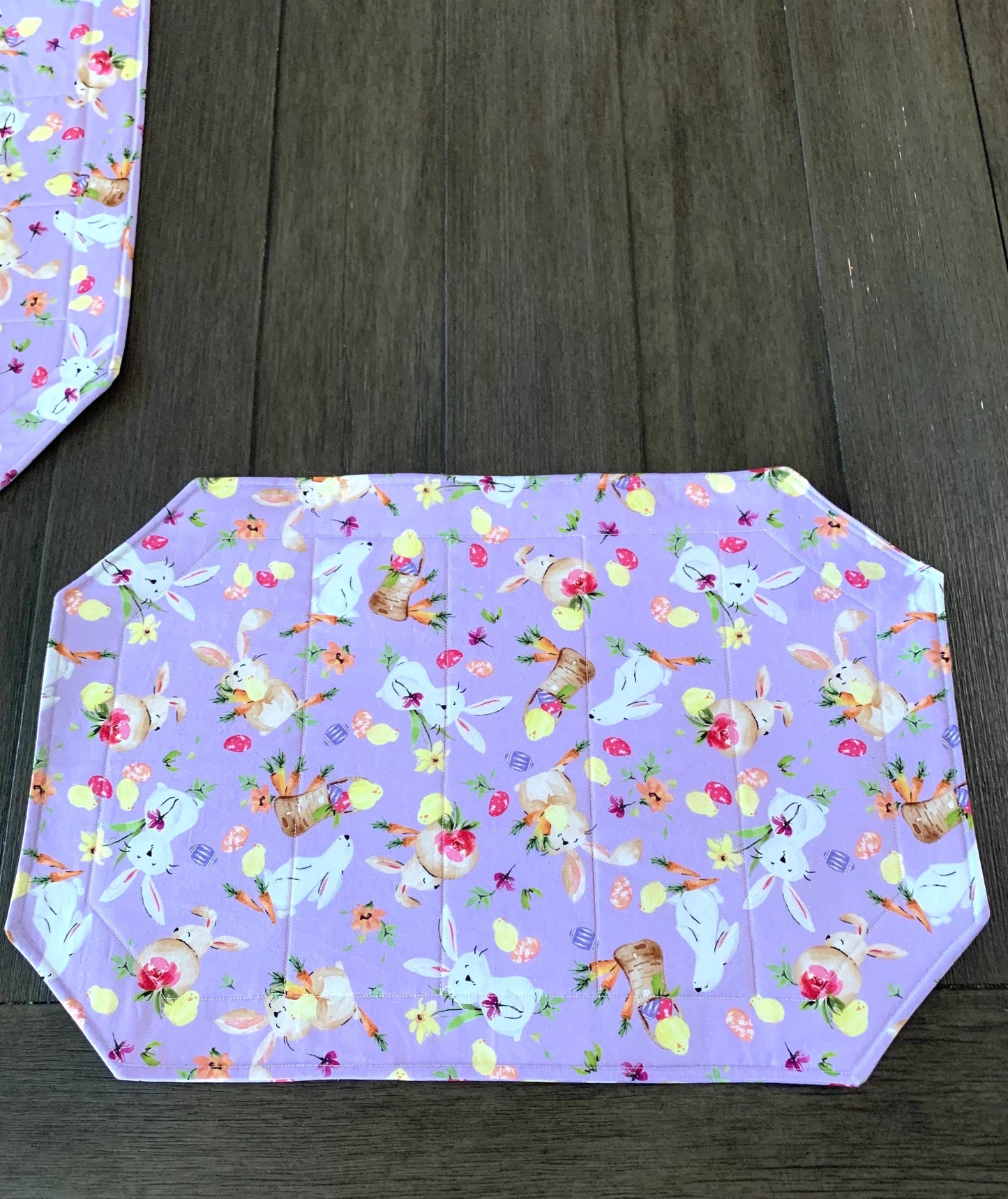 Easter Bunny Placemat Sets, Qulted Place Mats, Octagon Shape, Lavender, Purple, Bunnies, Easter eggs