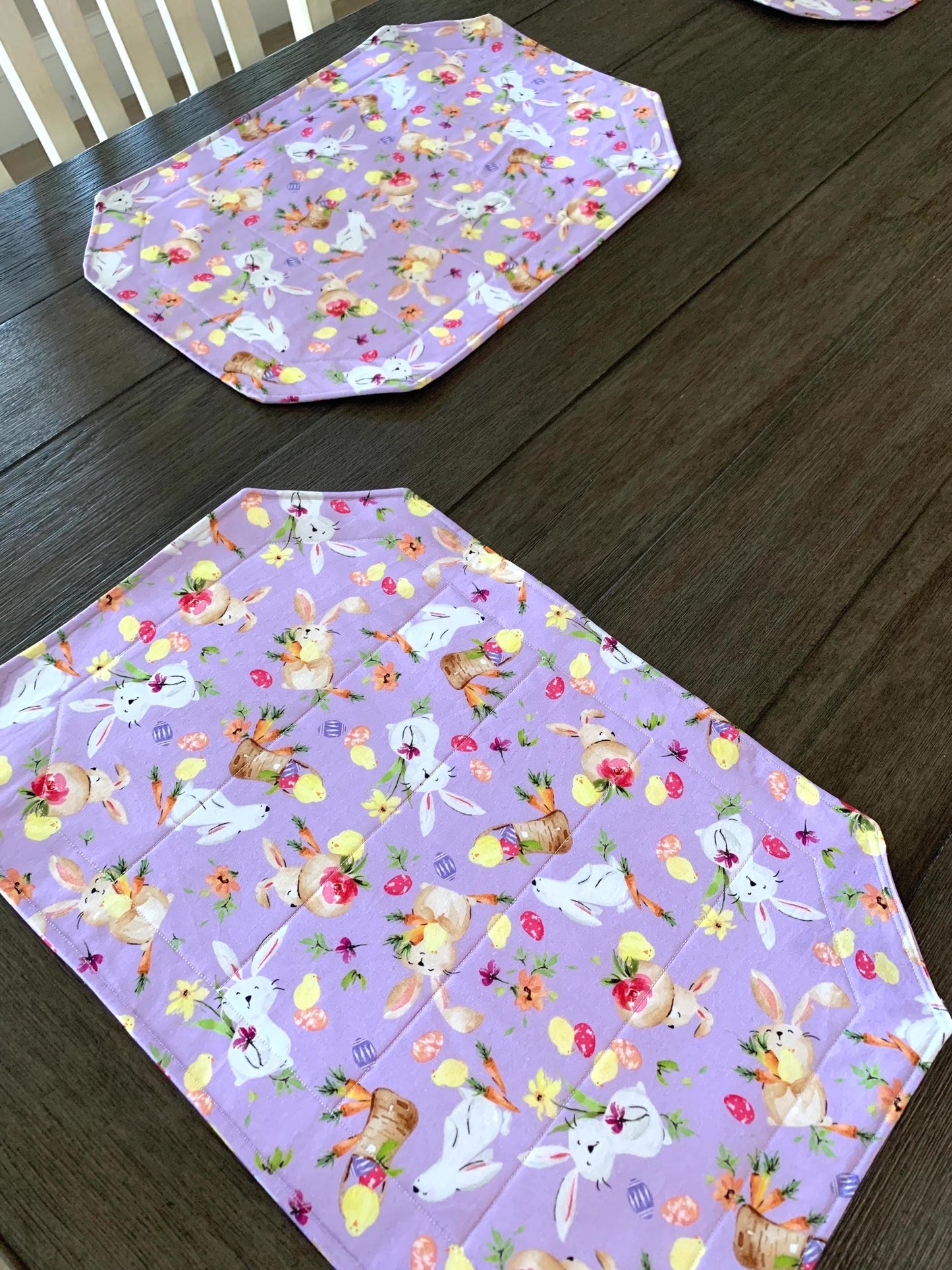 Easter Bunny Placemat Sets, Qulted Place Mats, Octagon Shape, Lavender, Purple, Bunnies, Easter eggs