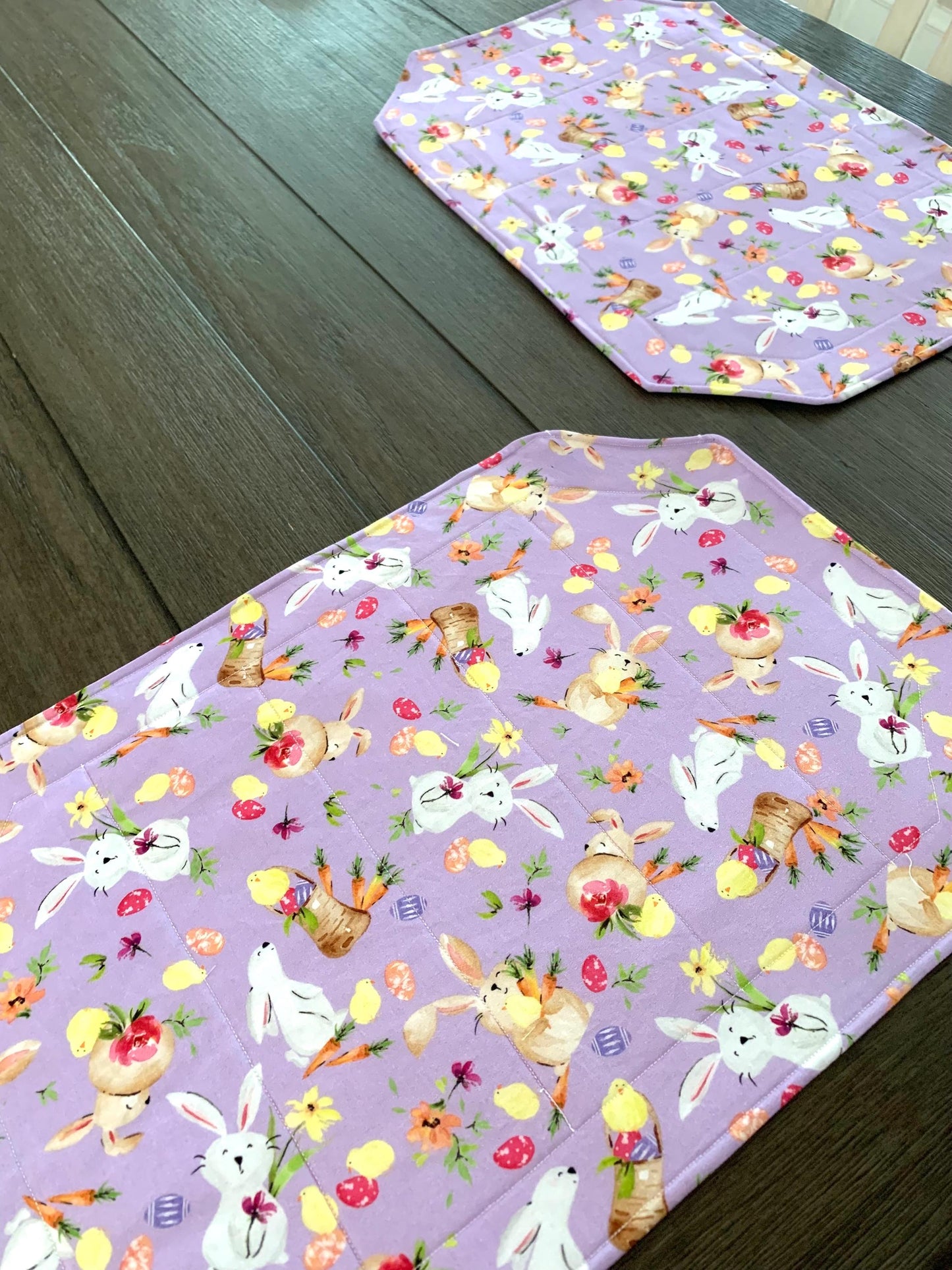 Easter Bunny Placemat Sets, Qulted Place Mats, Octagon Shape, Lavender, Purple, Bunnies, Easter eggs
