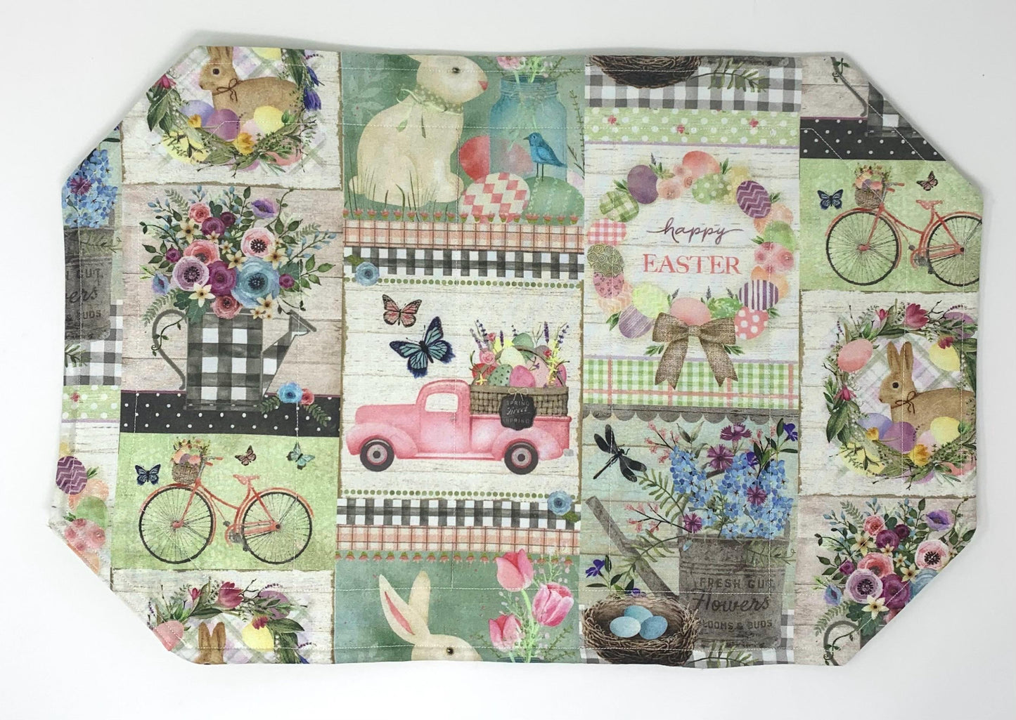 Easter Patchwork Placemat Set, Qulted Place Mats, Octagon Shape, Pink, Green, Bunnies, Trucks