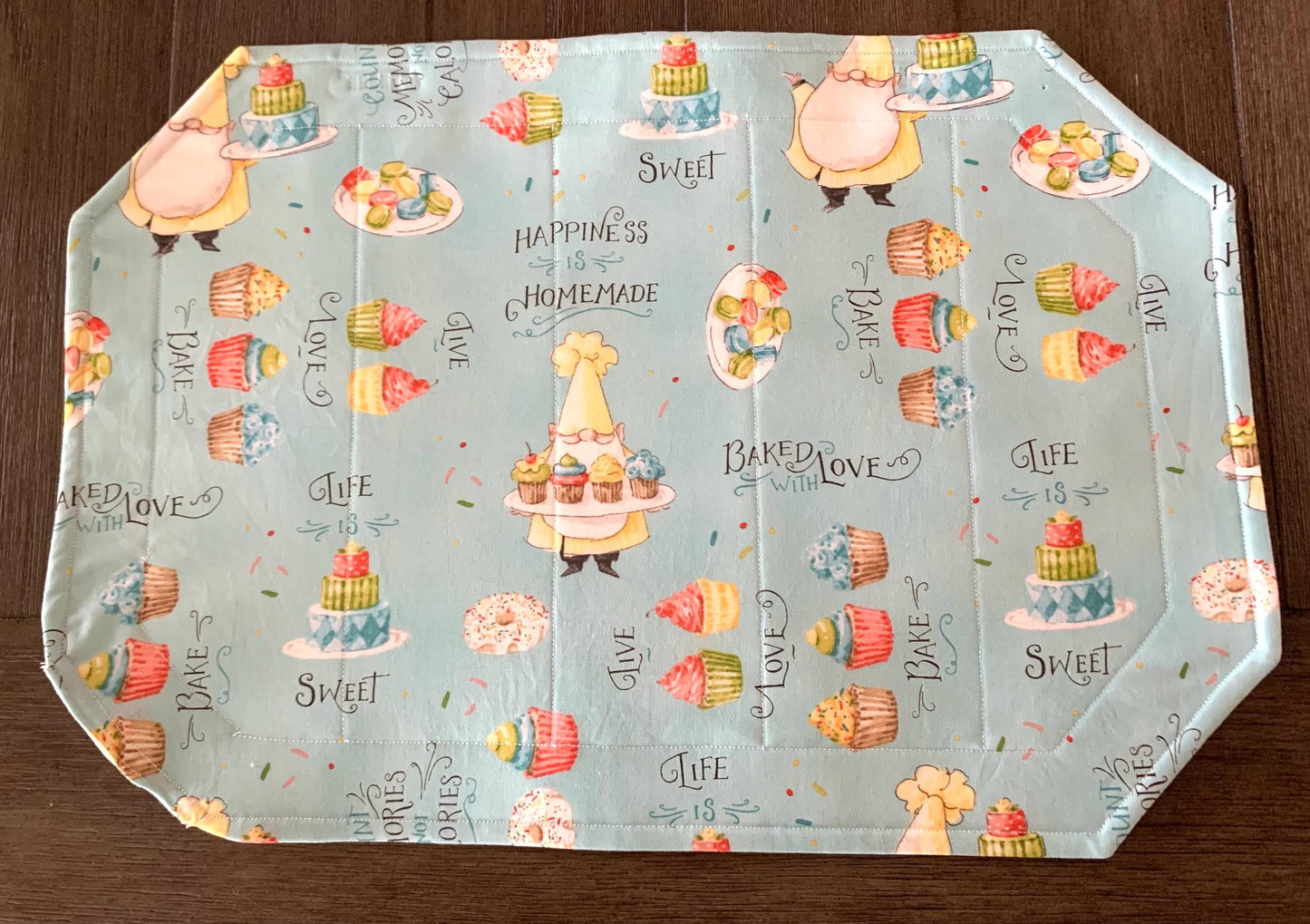 Gnomes Placemat Sets, Qulted Place Mats, Octagon Shape, Baking Gnomes, Blue