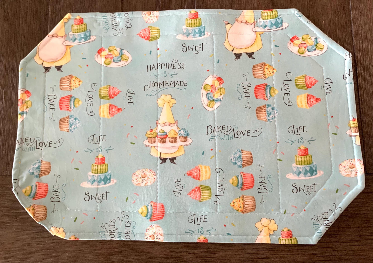 Gnomes Placemat Sets, Qulted Place Mats, Octagon Shape, Baking Gnomes, Blue