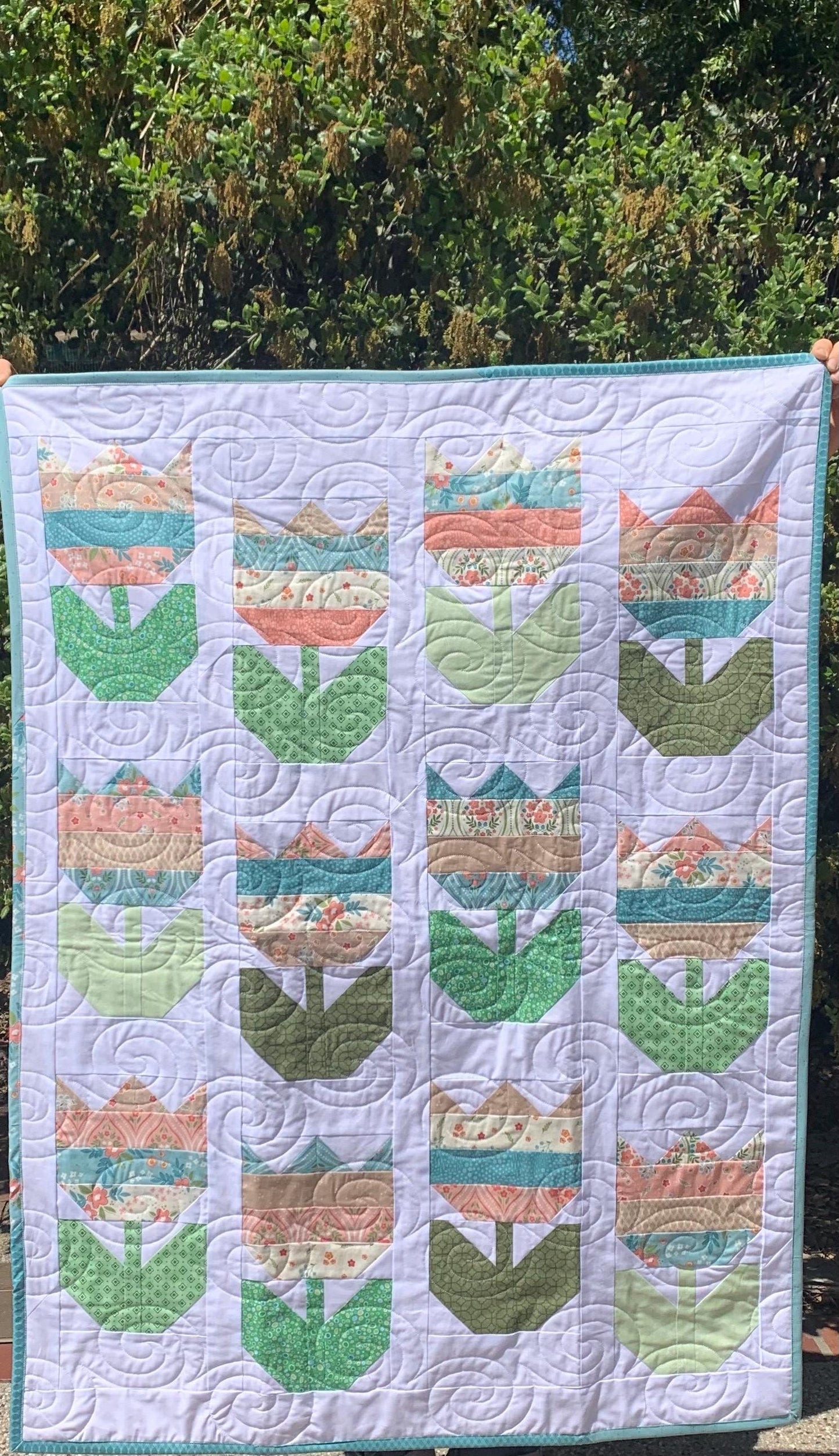 Shabby Chic Floral Tulip Quilt, Lap Couch Throw Quilt, Blue, Green, White, Handmade