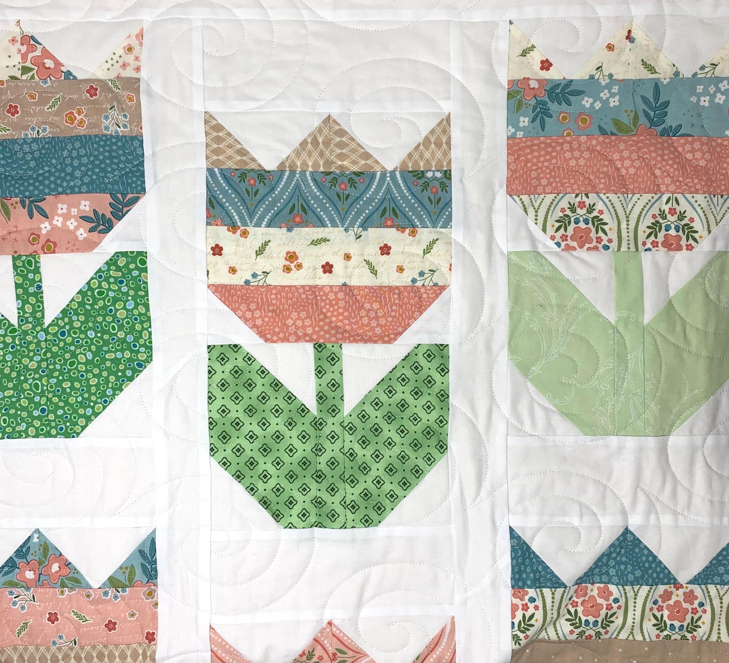 Shabby Chic Floral Tulip Quilt, Lap Couch Throw Quilt, Blue, Green, White, Handmade