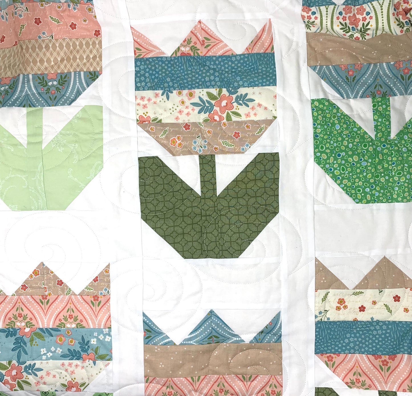 Shabby Chic Floral Tulip Quilt, Lap Couch Throw Quilt, Blue, Green, White, Handmade
