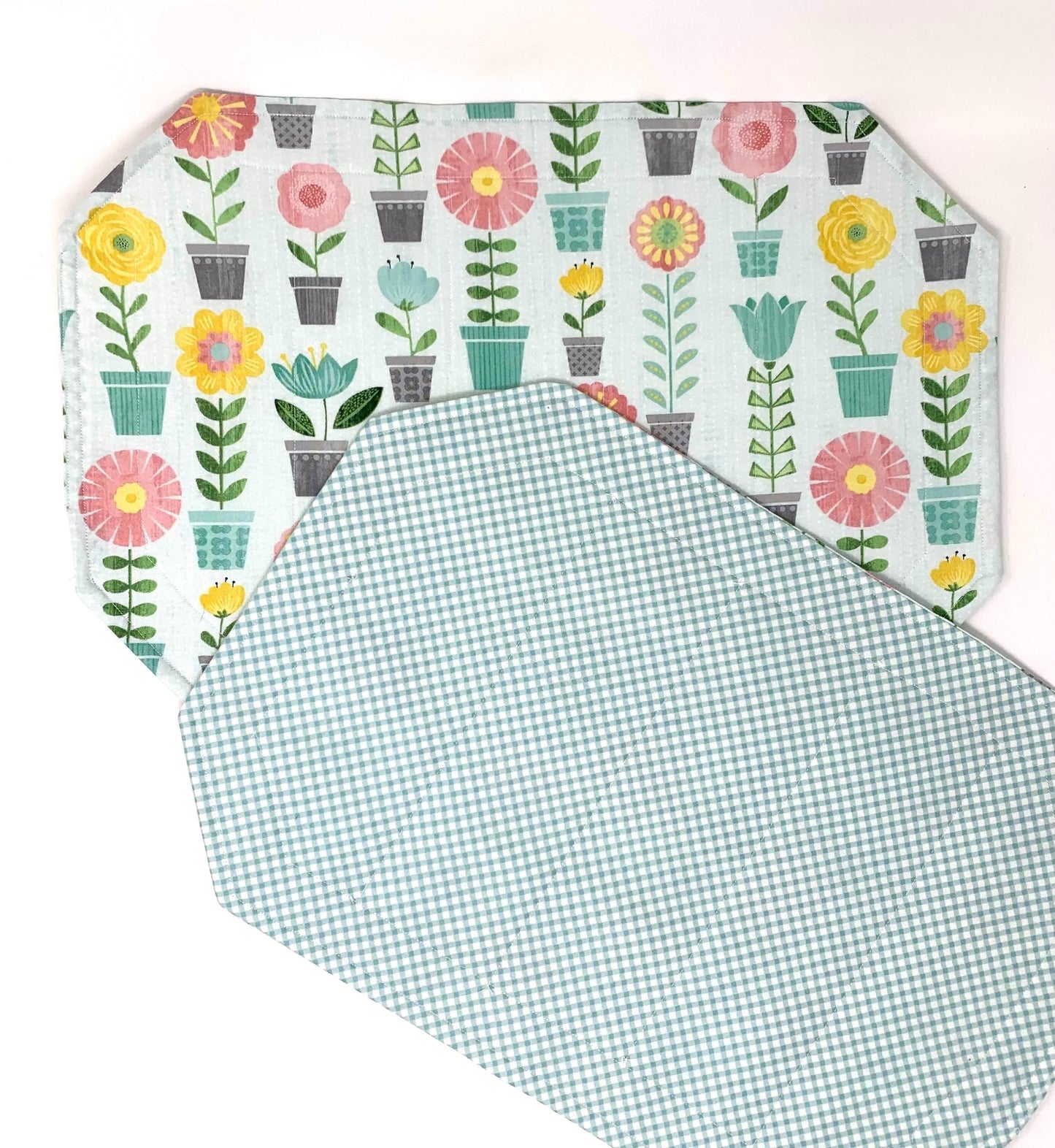 Plants Placemat Set, Qulted Place Mats, Octagon Shape, Potted Plants, Blue