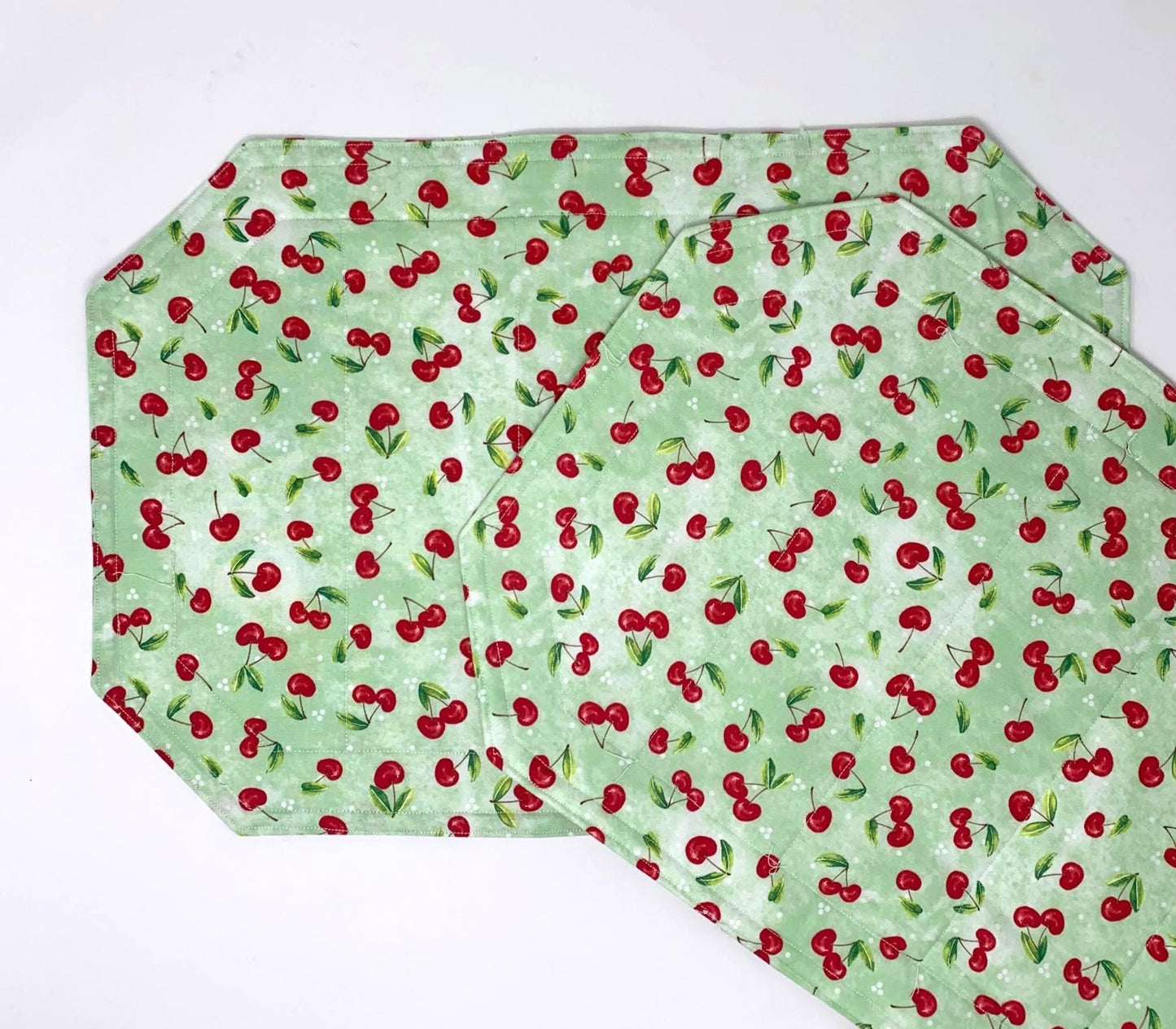 Cherries Placemat Set, Qulted Place Mats, Octagon Shape, Red Cherries on Green