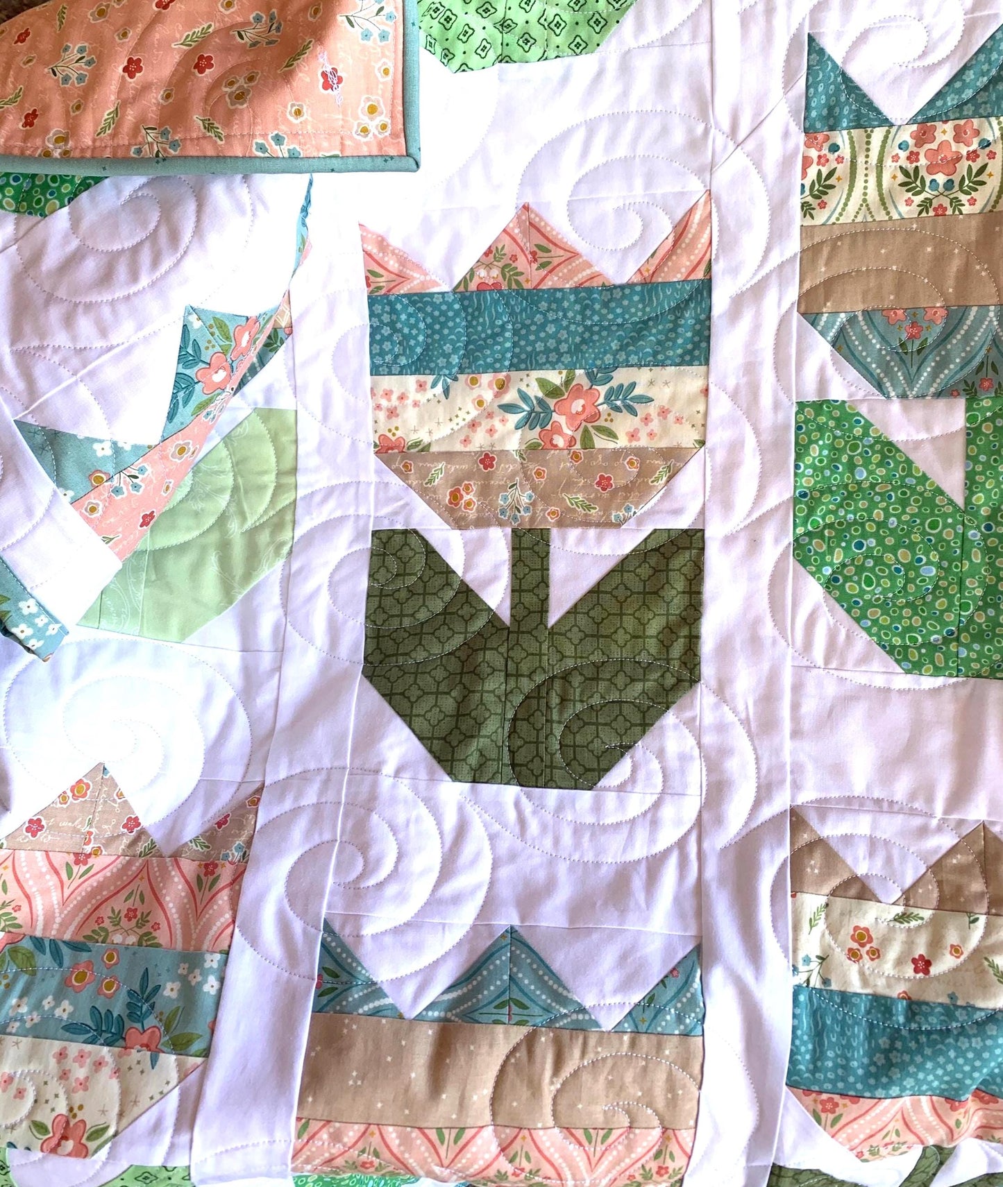 Shabby Chic Floral Tulip Quilt, Lap Couch Throw Quilt, Blue, Green, White, Handmade