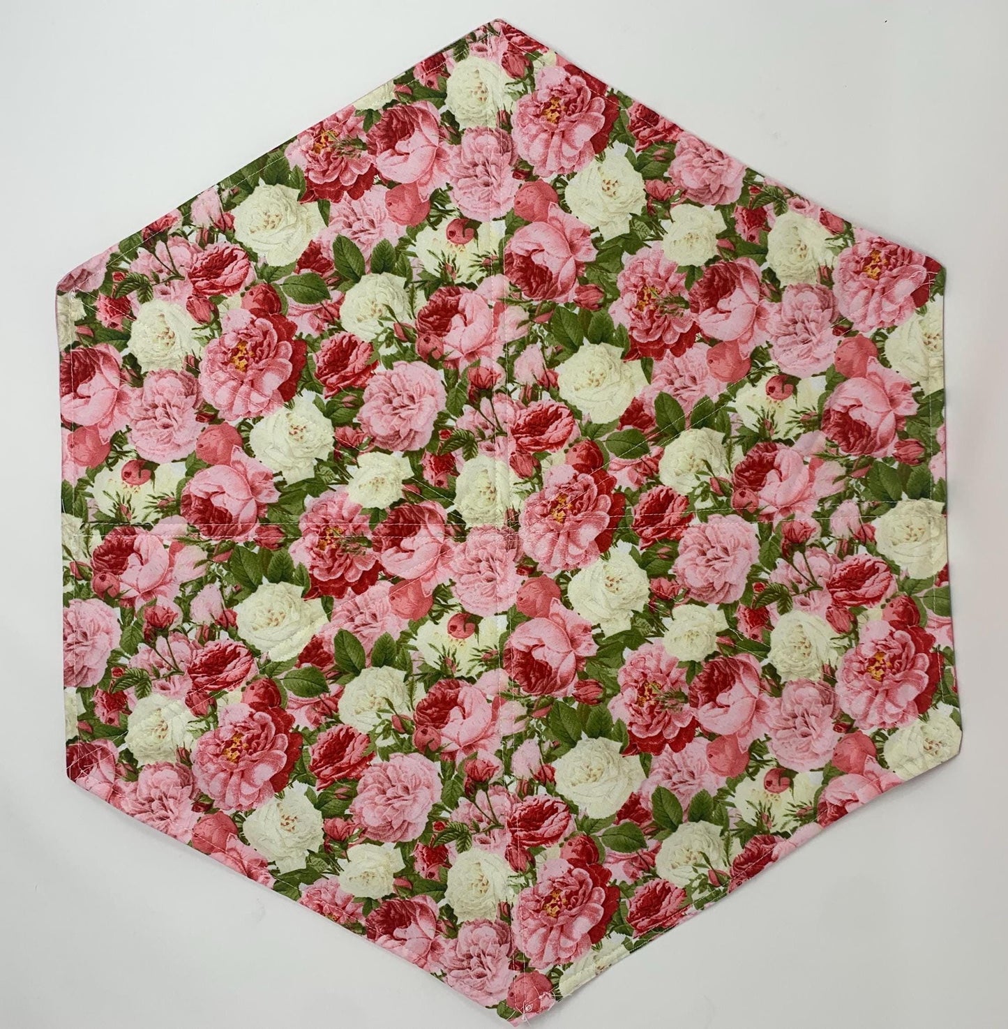 Shabby Chic Pink Rose Table Topper Quilt, Roses, Leaves, Octagon Table Top Centerpiece, Handmade