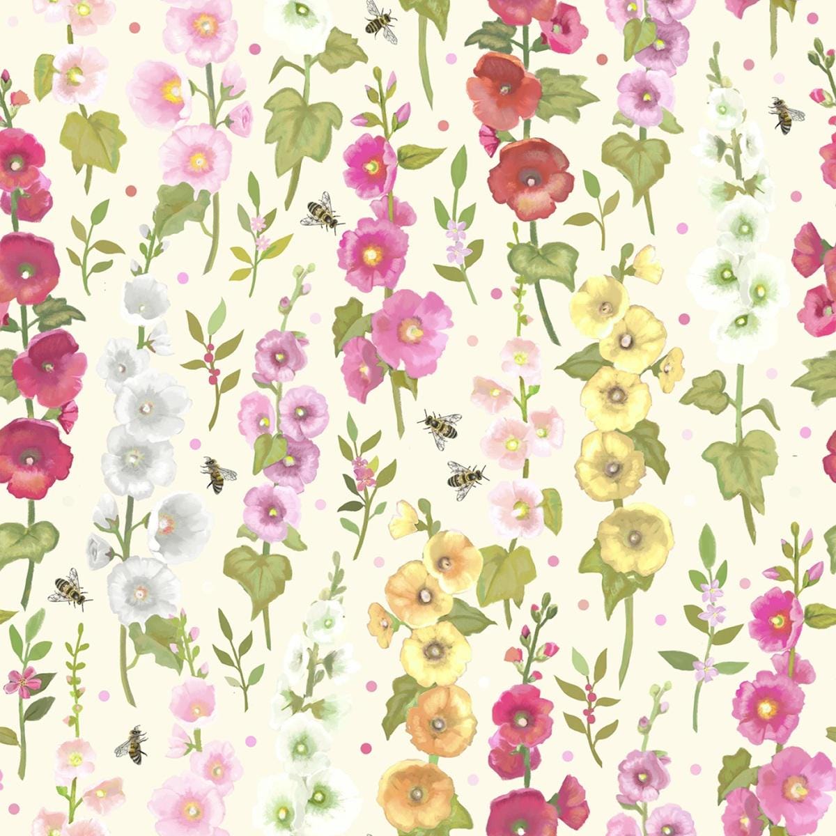 Cream Floral Yardage, Hollyhocks,Pink, Yellow, Bees, Clothworks, Floral Fabric yardage