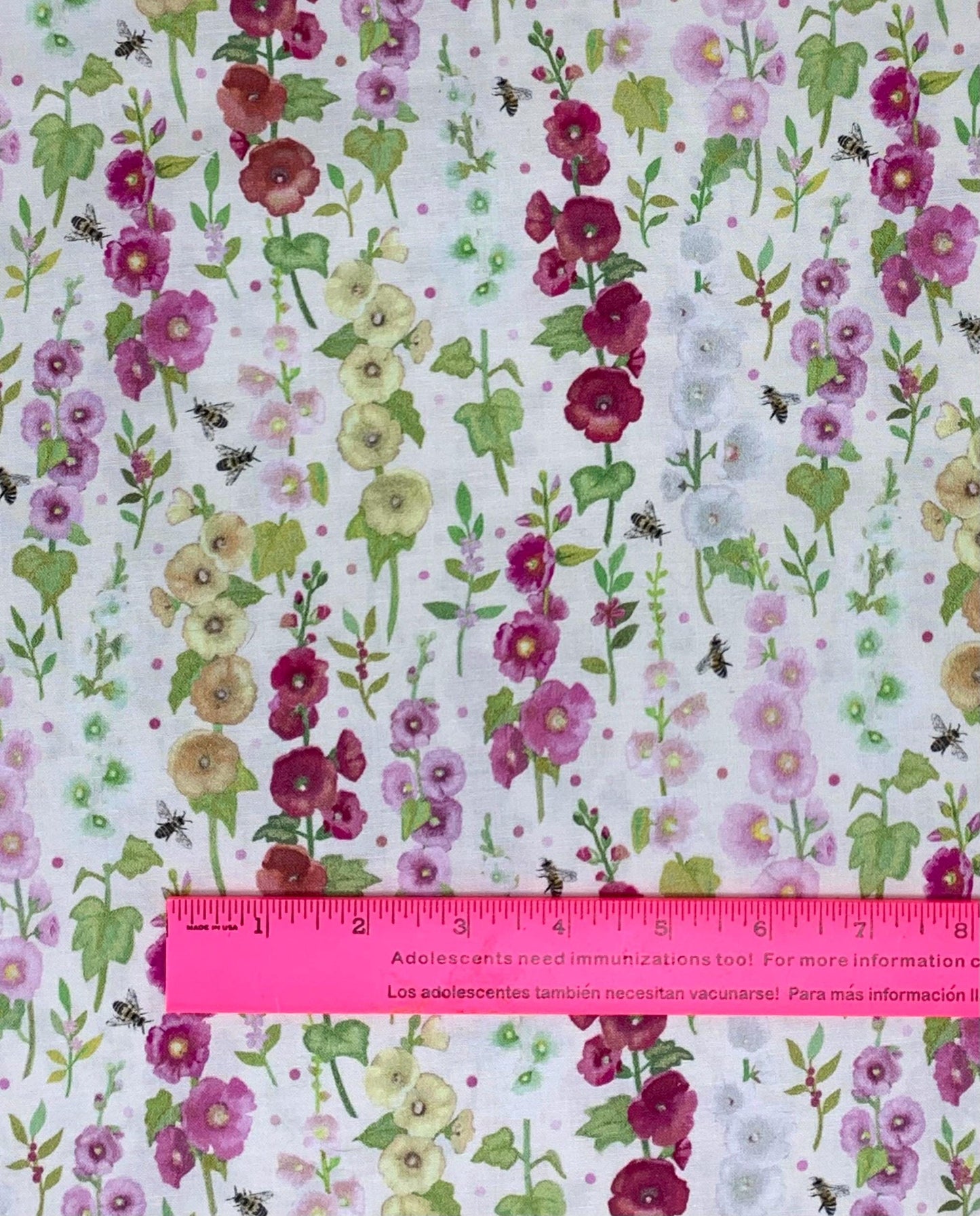 Cream Floral Yardage, Hollyhocks,Pink, Yellow, Bees, Clothworks, Floral Fabric yardage