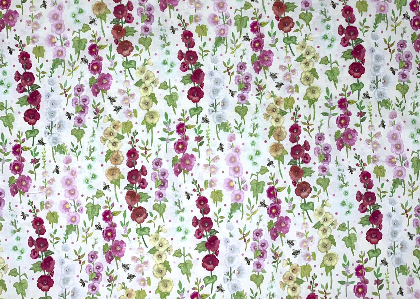 Cream Floral Yardage, Hollyhocks,Pink, Yellow, Bees, Clothworks, Floral Fabric yardage