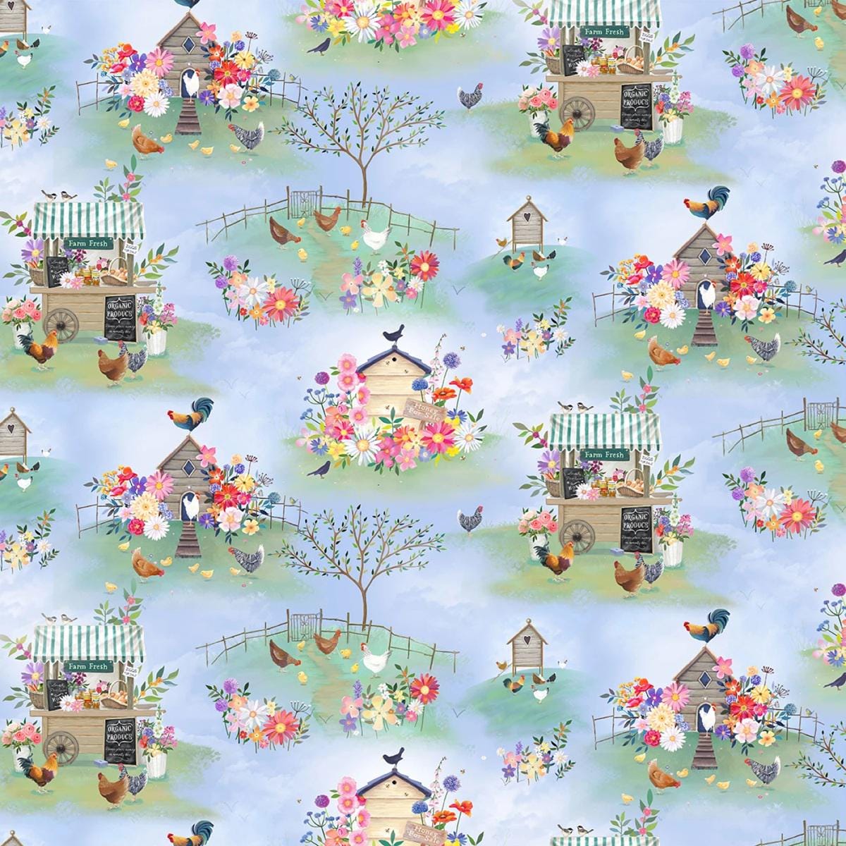 Light Denim Simple Life Digital Farm Life Toile, Clothworks, Blue, Pink, Green, Roosters, Flowers, Floral Fabric yardage