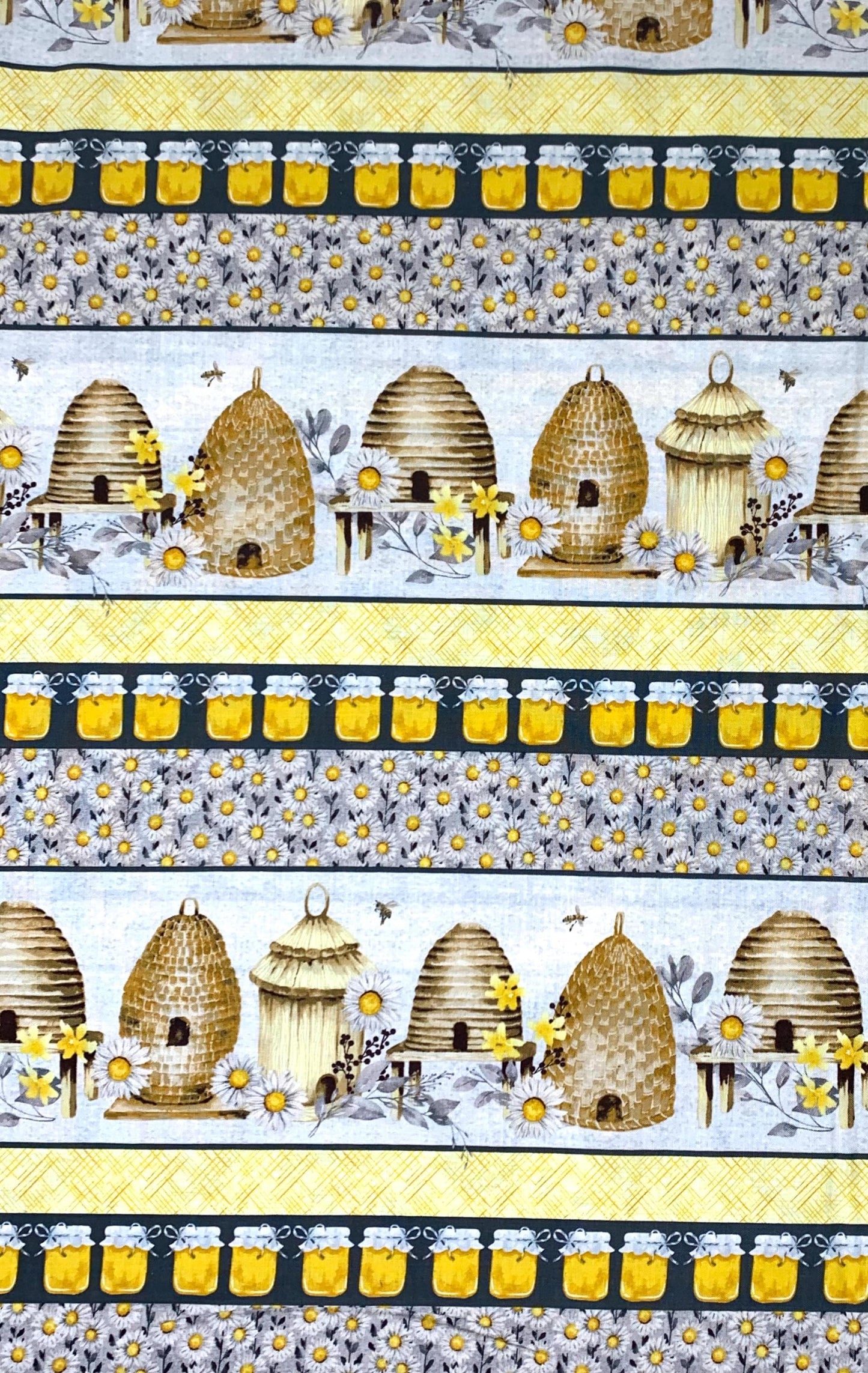 Yellow Bee Hive Yardage, Sweet Bees Repeating Stripe Yardage, Henry Glass Fabrics