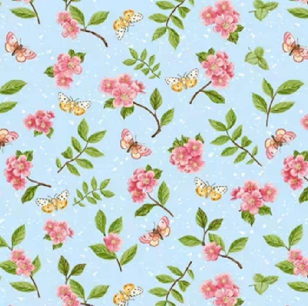 Butterflies and Flowers Light Blue yardage, Enchanted Forest, Jane Alison, Henry Glass Fabrics