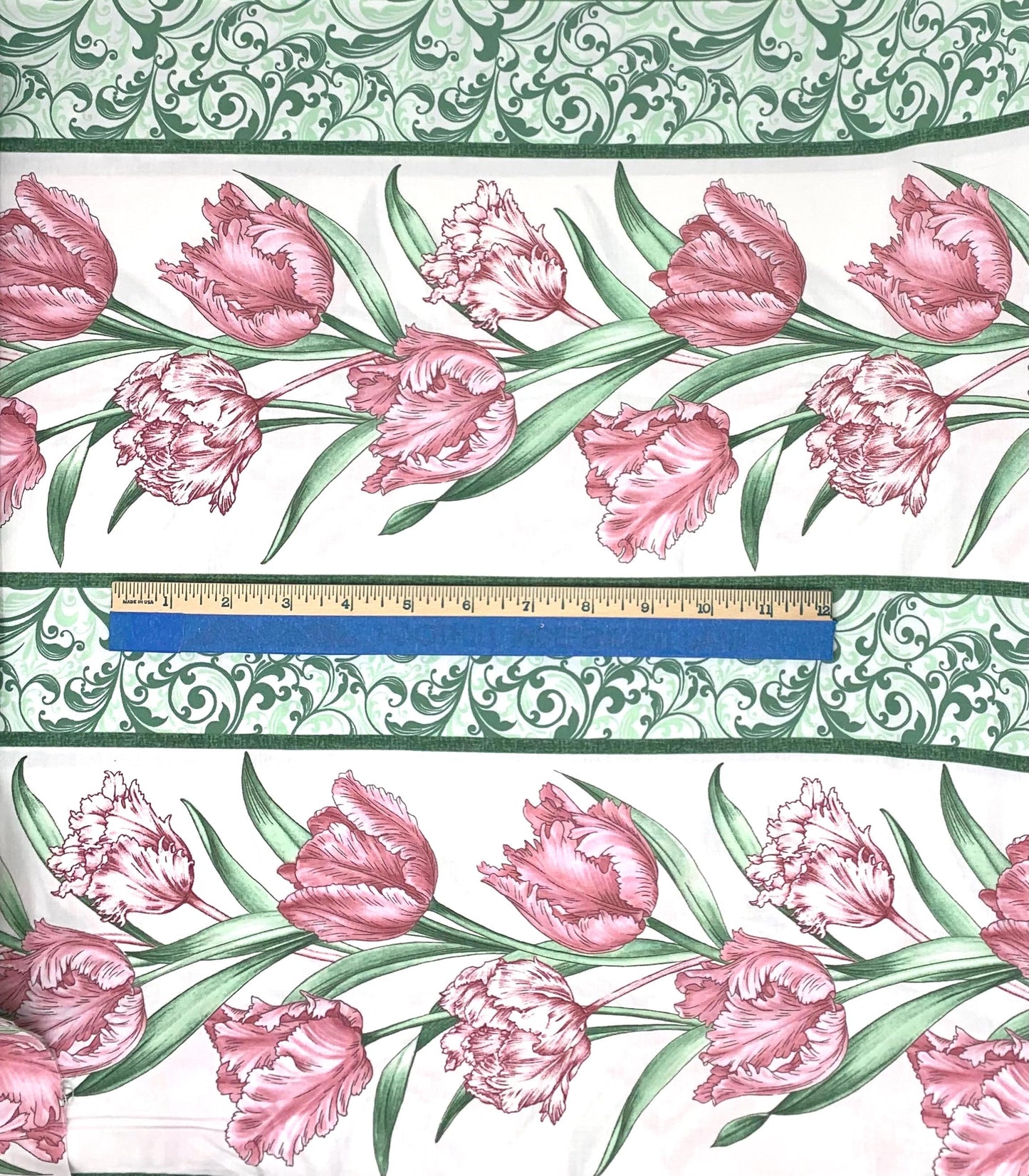 Floral Tulips Border yardage, Evelyn's Etched Tulips, Etched Tulips Stripe Cream, Spring Floral yardage, Pink Tulips, Benartex