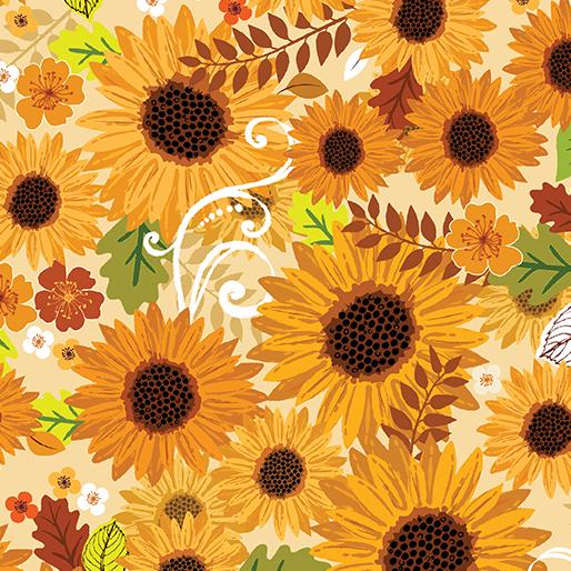 Sunflower Fall Fabric Yardage, Gather Together, Harvest Sunshine on Cream, Fall Autumn yardage, Yellow, Green, Benartex