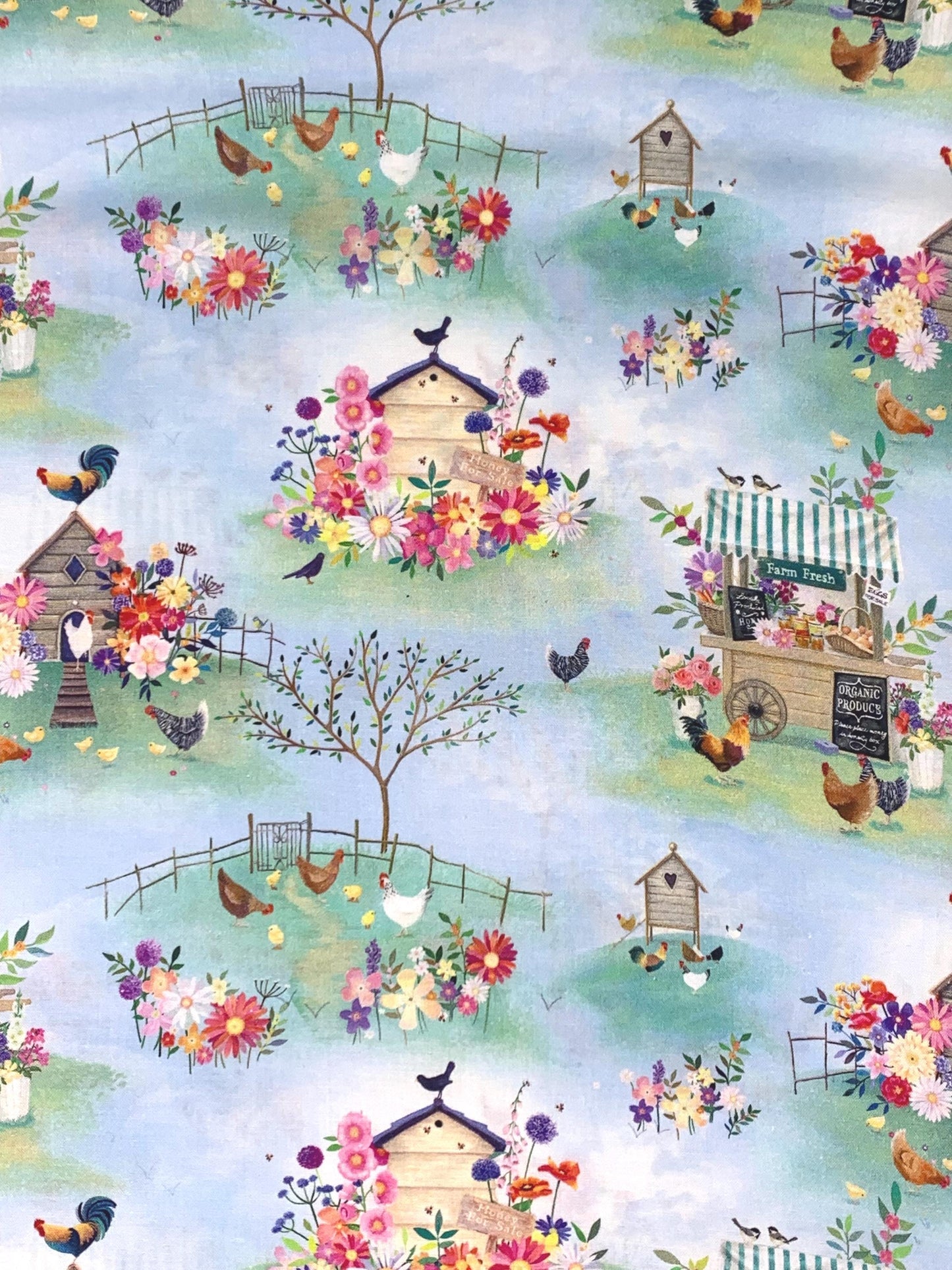 Light Denim Simple Life Digital Farm Life Toile, Clothworks, Blue, Pink, Green, Roosters, Flowers, Floral Fabric yardage