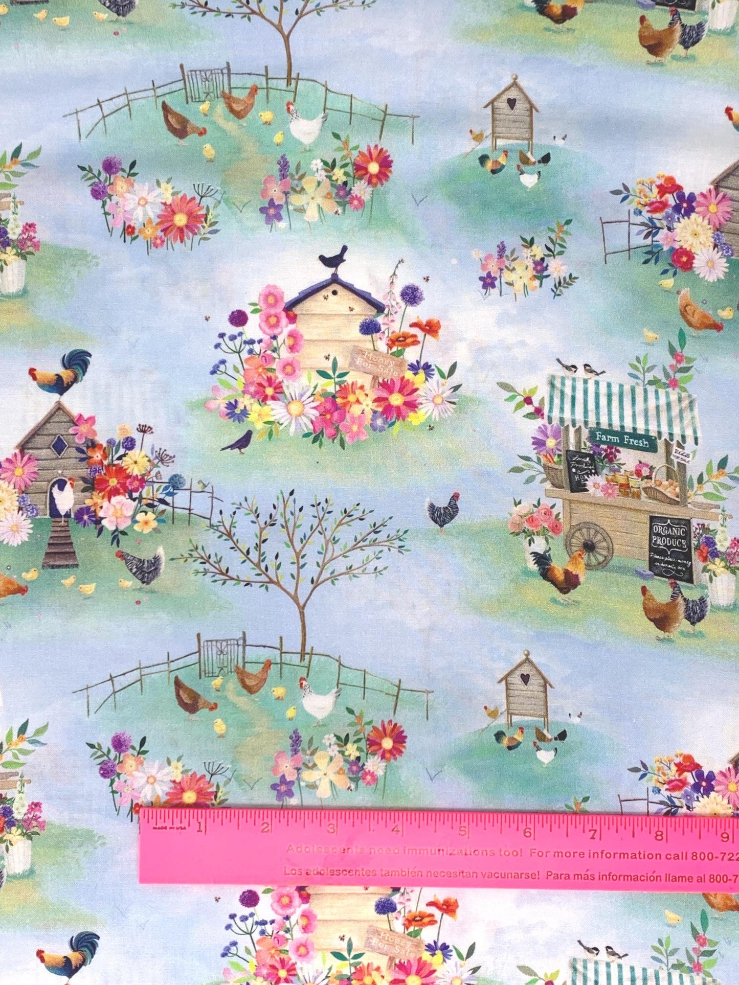 Light Denim Simple Life Digital Farm Life Toile, Clothworks, Blue, Pink, Green, Roosters, Flowers, Floral Fabric yardage