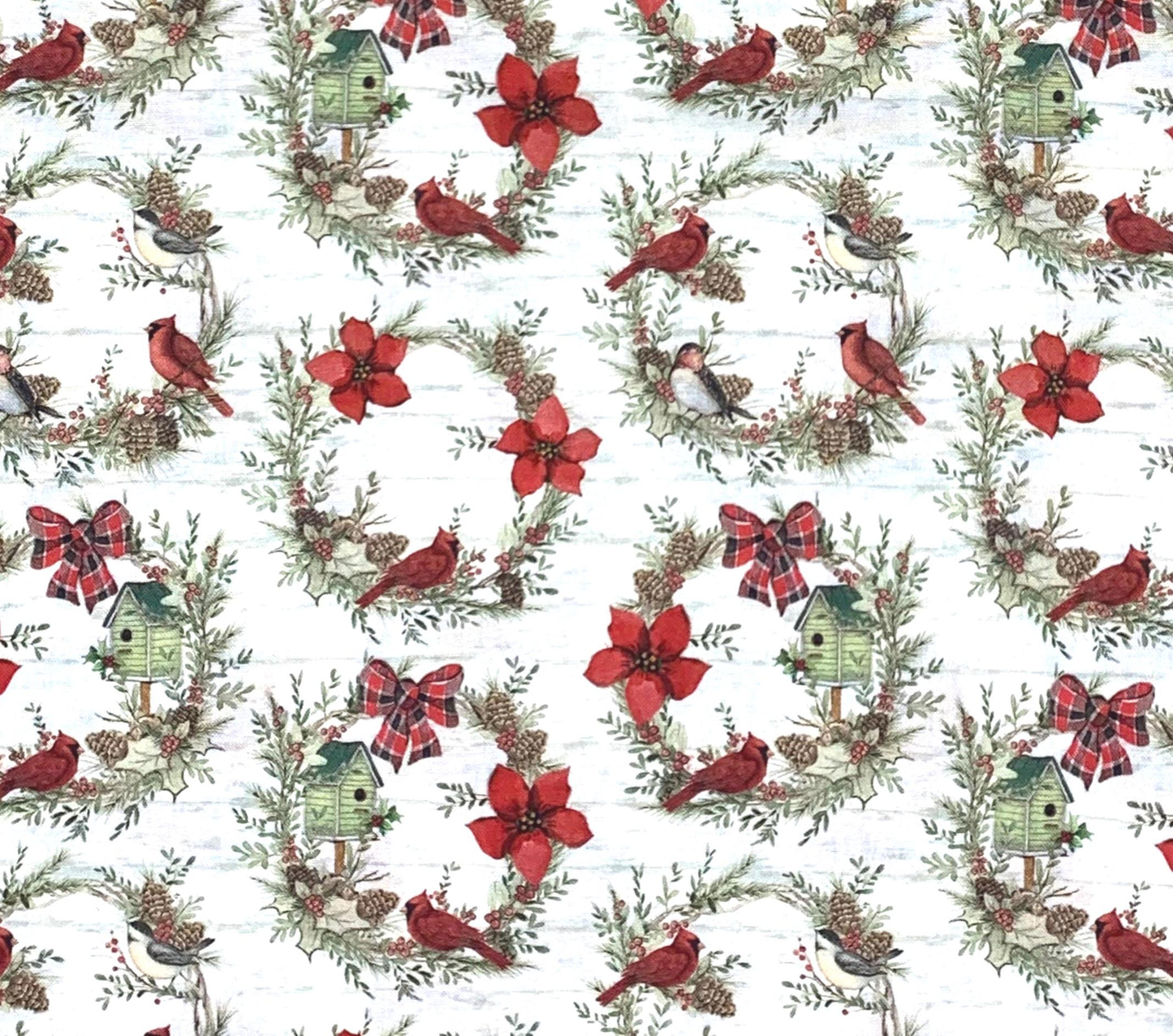 Christmas Fabric, Cardinal Wreaths Christmas, Red Cardinals, Bird Houses, Green, Red, White, Yardage