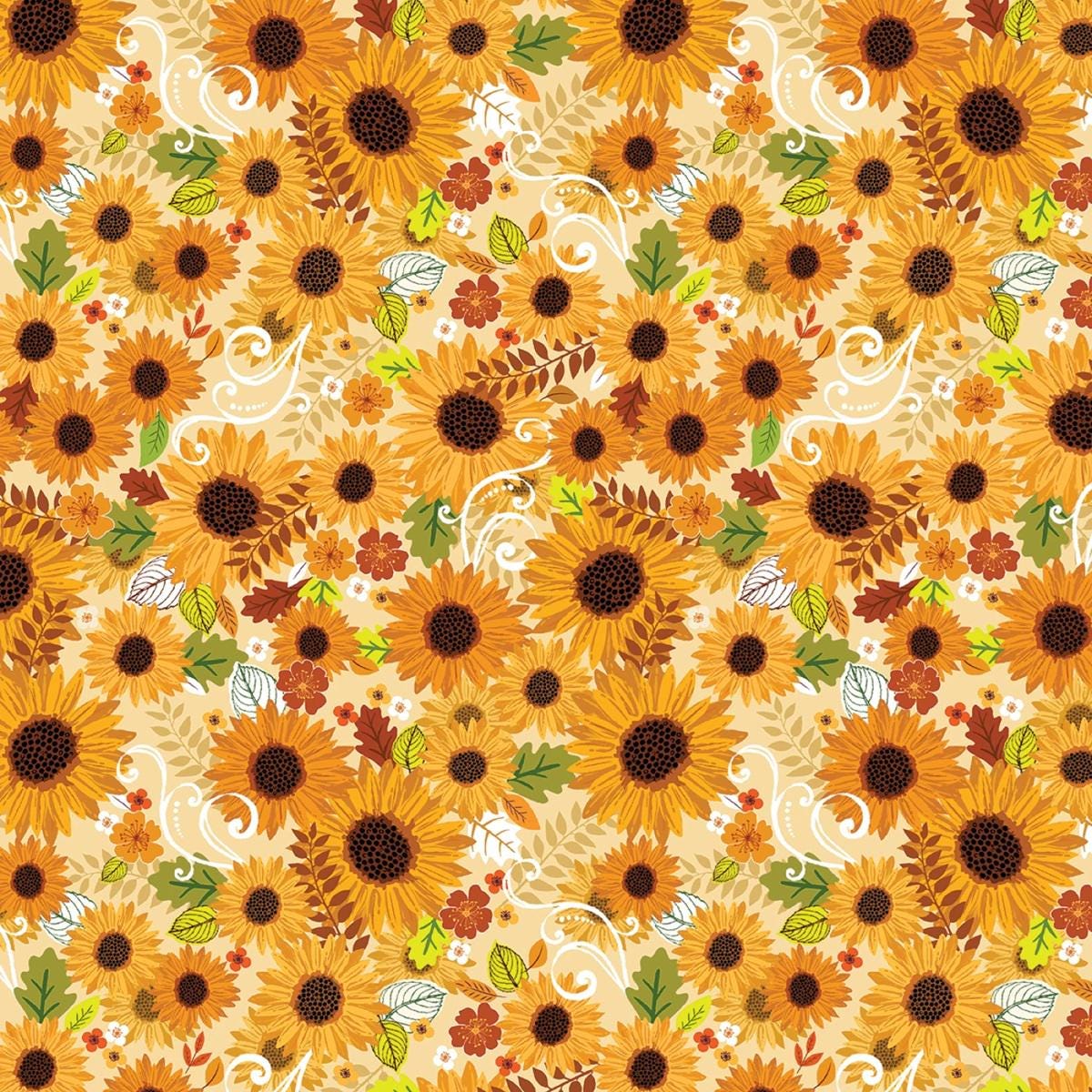 Sunflower Fall Fabric Yardage, Gather Together, Harvest Sunshine on Cream, Fall Autumn yardage, Yellow, Green, Benartex