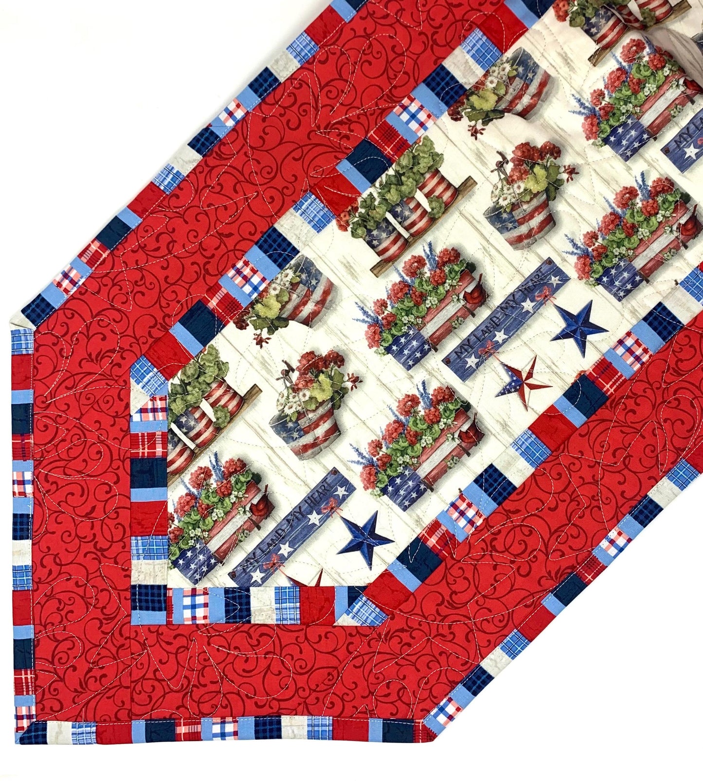 Patriotic Geraniums Table Runner Quilt, Red Geraniums Table Runner, Summer, Red, White, Blue, Handmade