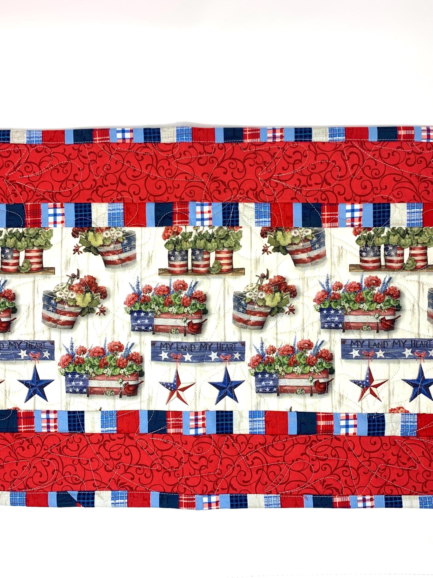 Patriotic Geraniums Table Runner Quilt, Red Geraniums Table Runner, Summer, Red, White, Blue, Handmade