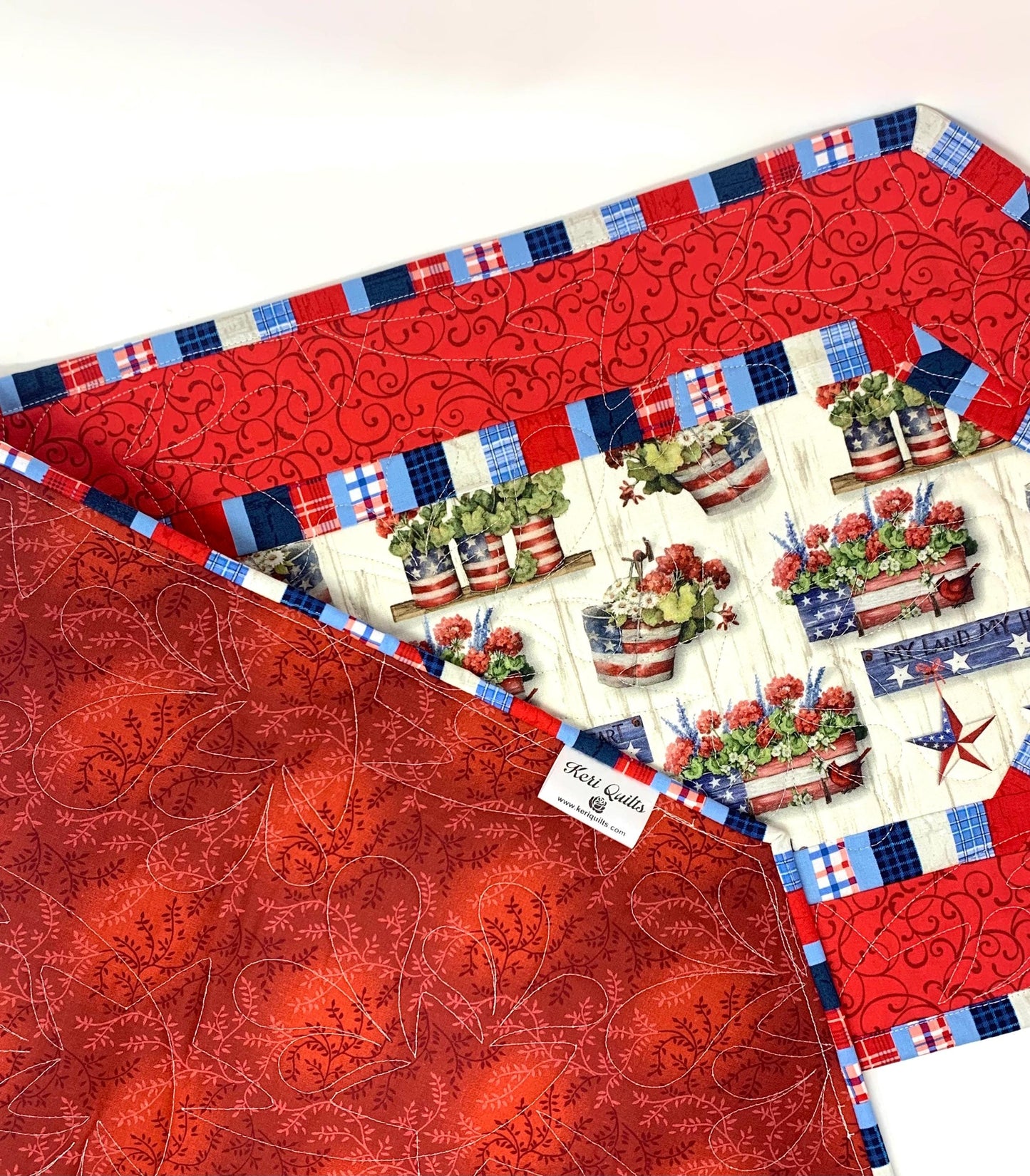 Patriotic Geraniums Table Runner Quilt, Red Geraniums Table Runner, Summer, Red, White, Blue, Handmade