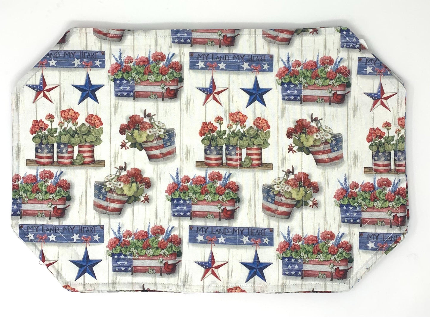 Red Geranium Placemat Set, Quilted Place Mats, Octagon Shape, Patriotic Place Mats, Blue, Red, White
