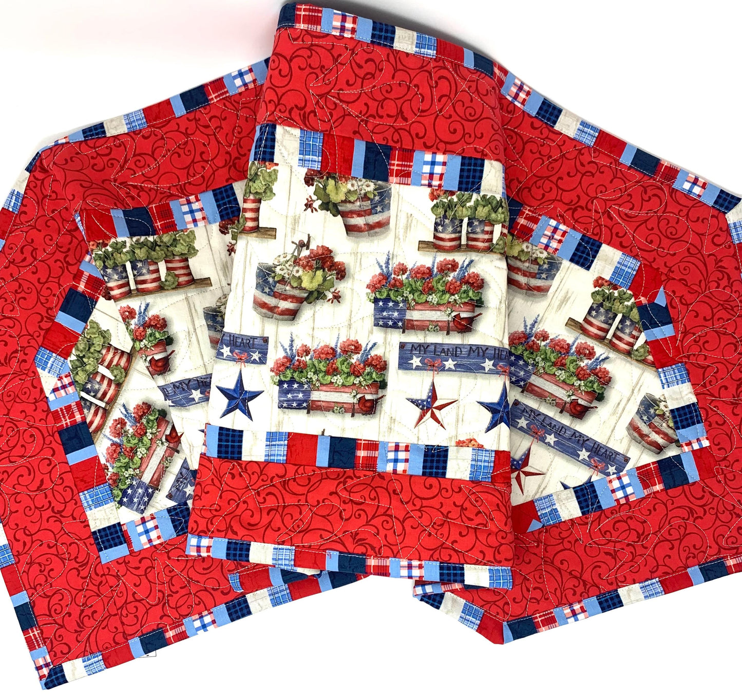 Patriotic Geraniums Table Runner Quilt, Red Geraniums Table Runner, Summer, Red, White, Blue, Handmade