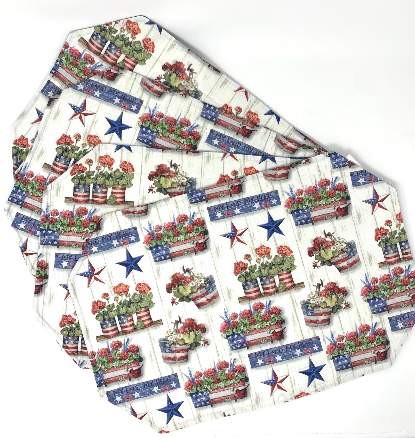 Red Geranium Placemat Set, Quilted Place Mats, Octagon Shape, Patriotic Place Mats, Blue, Red, White